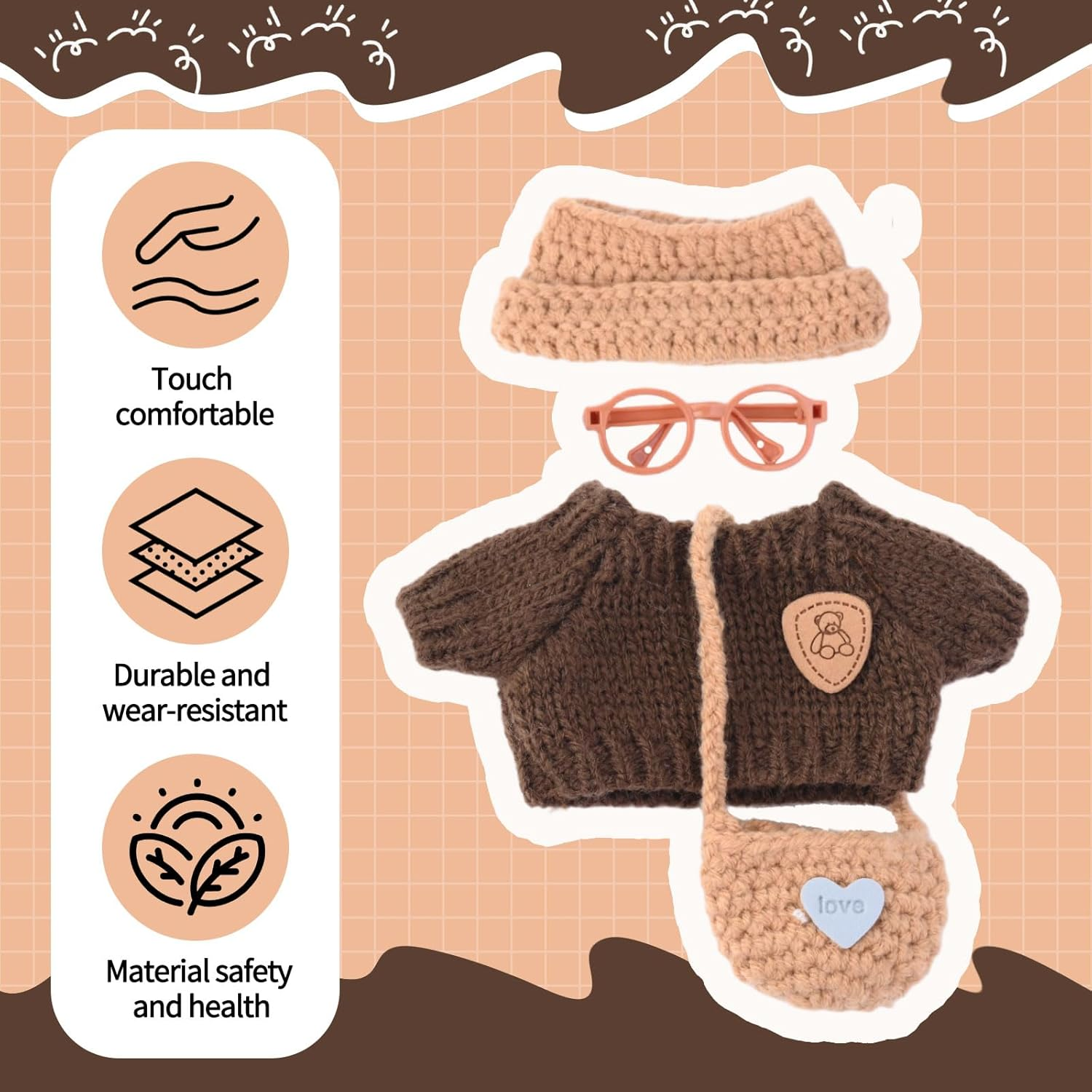 Clothes for Labubu(No Doll), Handcrafted Knit Mini Sweater Outfit and Glasses Compatible with 17Cm Plush Dolls image number 2