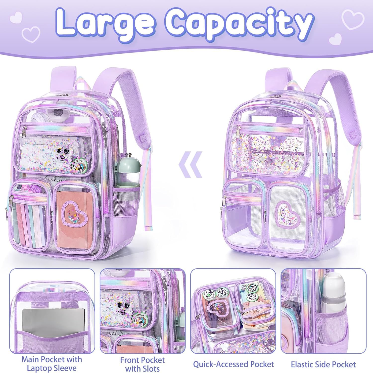 Fimibuke Clear Backpack for Girls, 3PCS Heavy Duty PVC Transparent Kids Backpack for Teen Girl with Lunch Box & Pencil Case - Beige image number 5