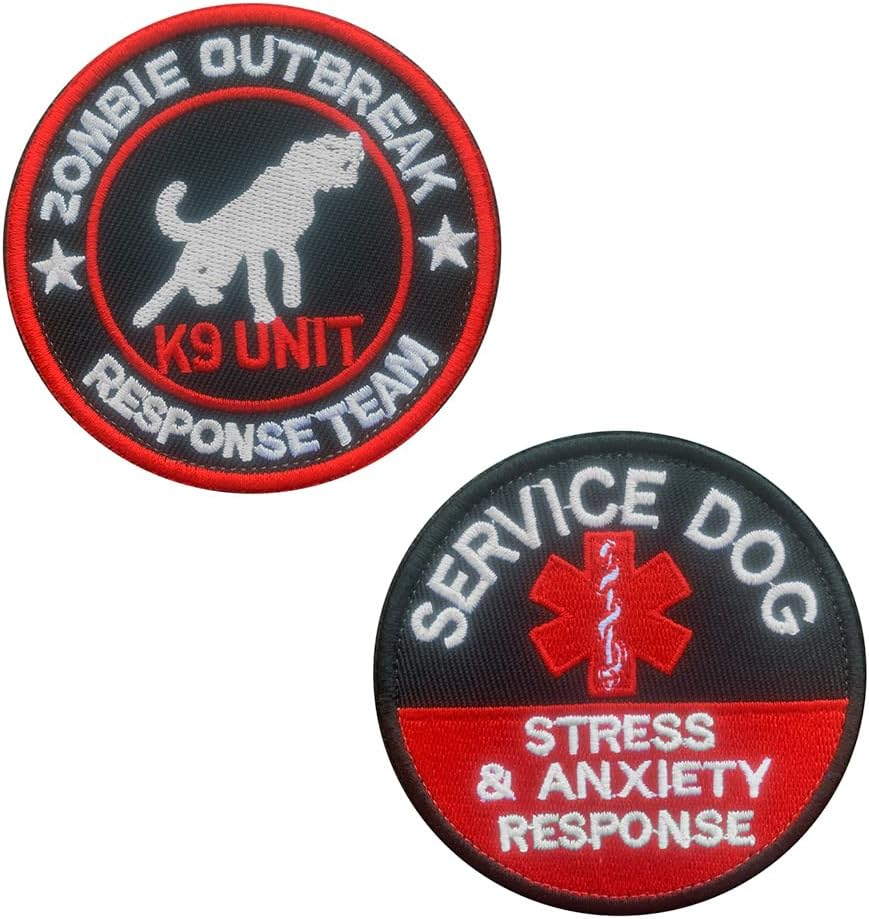 2 PCS Service Dog Stress & Anxiety Response Vests/Harnesses Emblem Embroidered Fastener Hook & Loop Dog Patch, K9 Unit Zombie Outbreak Response Team Embroidered Patch Hook and Loop Badges