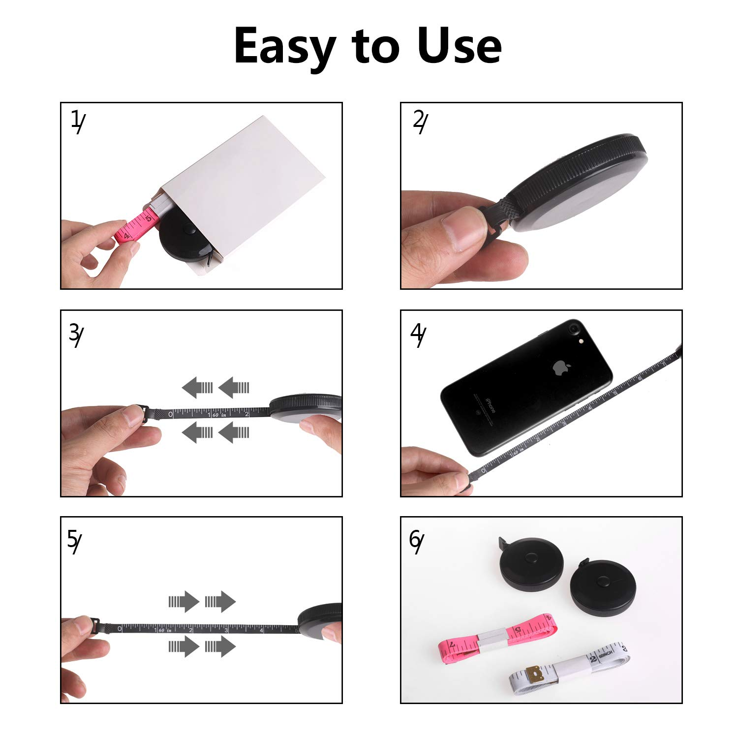 Phinus 4 Pack Retractable Tape Measure for Tailor, Sewing, Body Measurement, Black, White and Pink image number 1