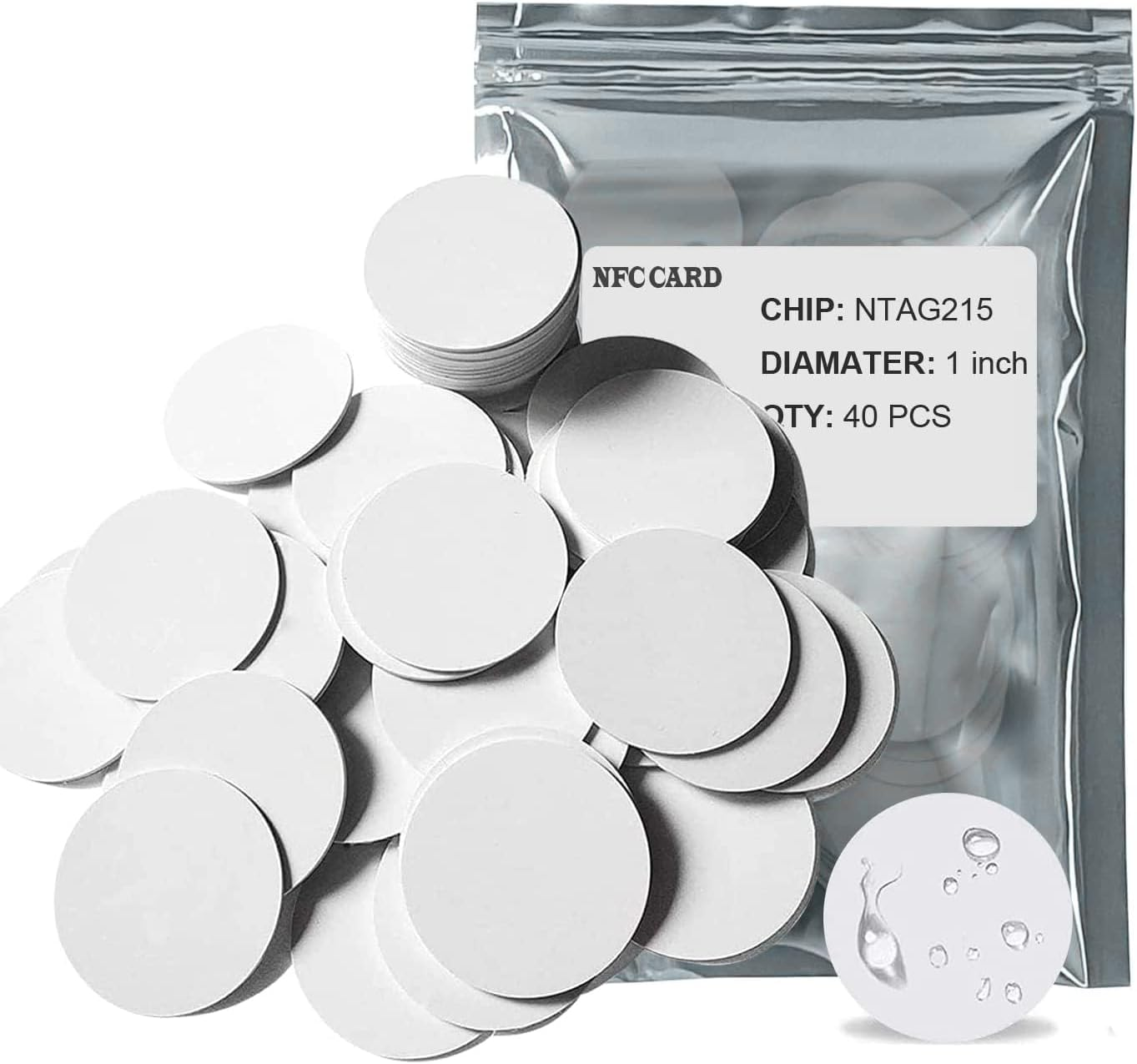 NFC Cards NTAG215, 40 Pack, 25Mm round PVC Tags, Compatible with Tagmo Amiibo and NFC Enabled Devices