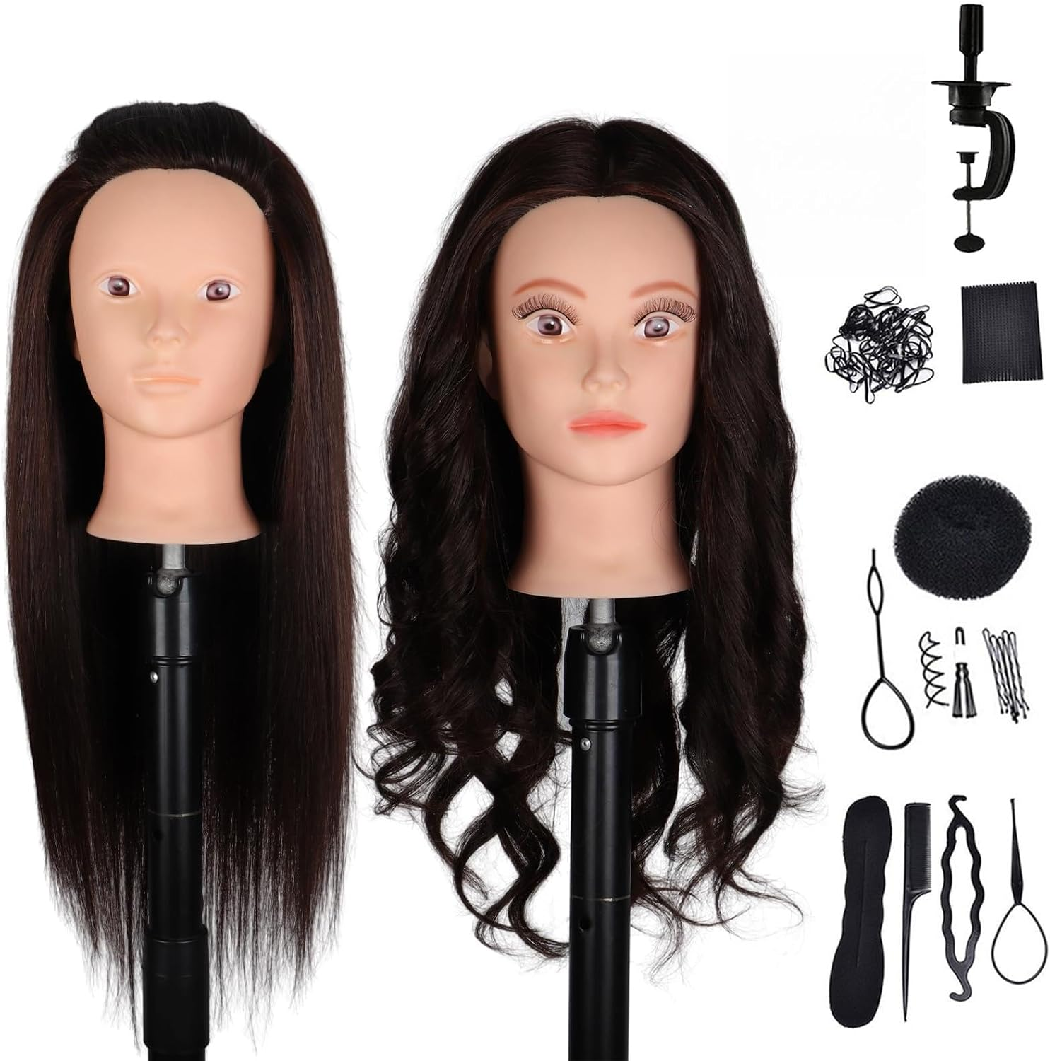Hair Styling Training Head, 23" Dark Brown Cosmetology Mannequin Head Hairdressing Manikin Doll Head with Clamp & Styling Tools (Brown without Makeup)