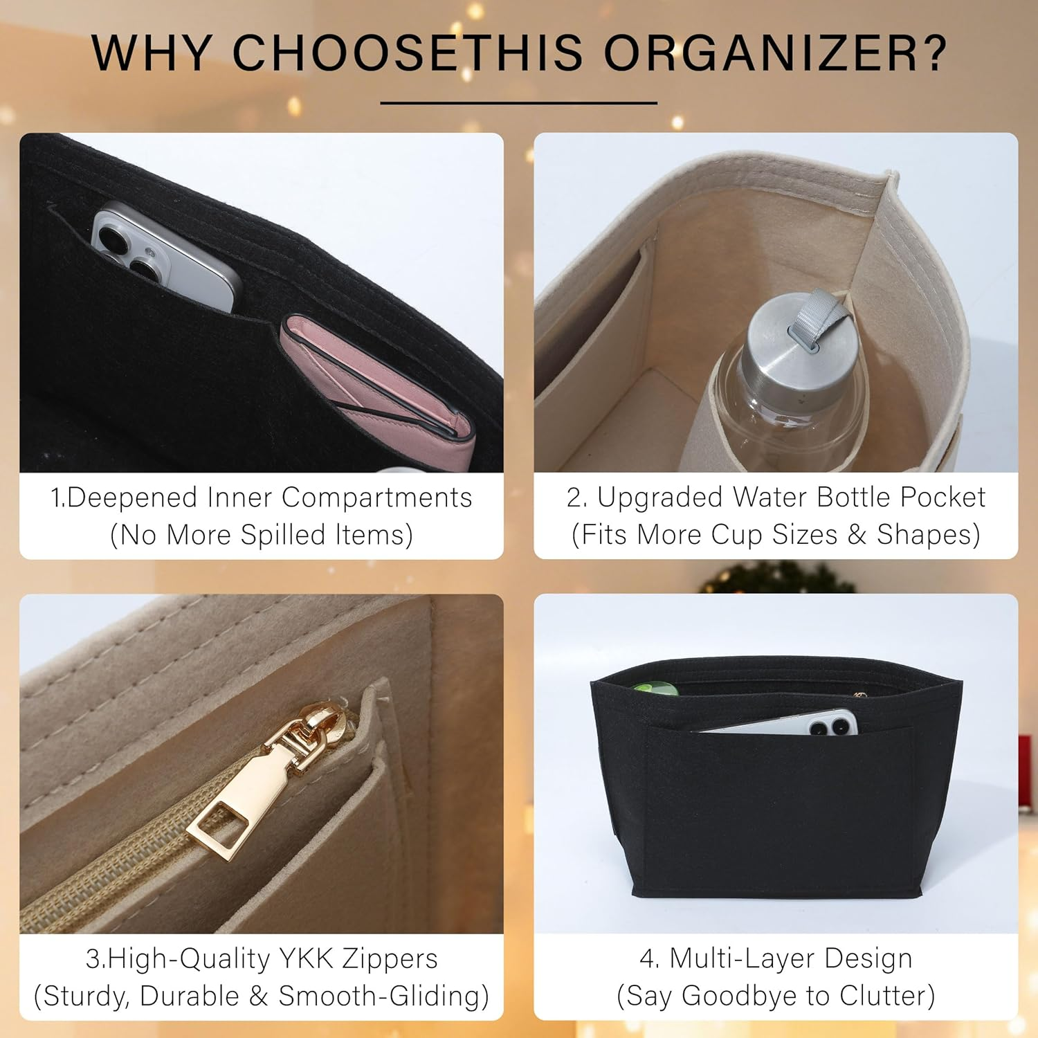 Oaikor Premium Felt Purse Organizer Insert for Longchamp Le Pliage S Handbag,Zipper Small Handbag Organizer with Cup Holder,Bags Storage Divider with 8 Upgraded Deepened Compartments,S/Beige image number 2