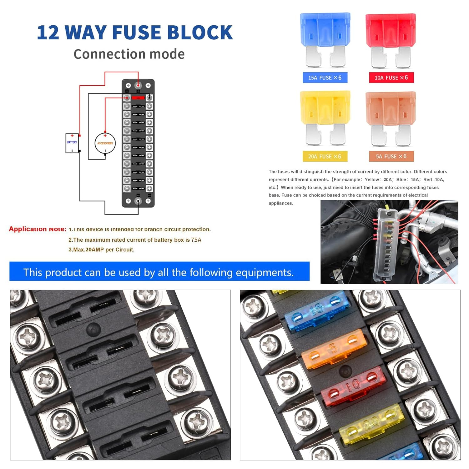 12 Way 12V Fuse Box Blade, 12Volt Fuse Block without LED Indicator Damp-Proof Cover - 12 Circuit Independent Positive Negative Fuse Box Holder for 12V/24V Auto Car Truck Boat Marine Vehicle image number 3