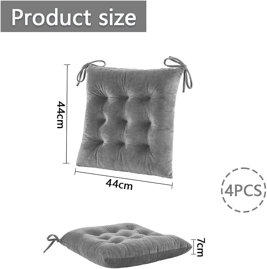 4 Pack Chair Cushions for Dining Chairs, Tufted Velvet Seat Pads with Ties, Soft Square Chair Pillows for Kitchen, Office, Desk & Living Room, Grey image number 3