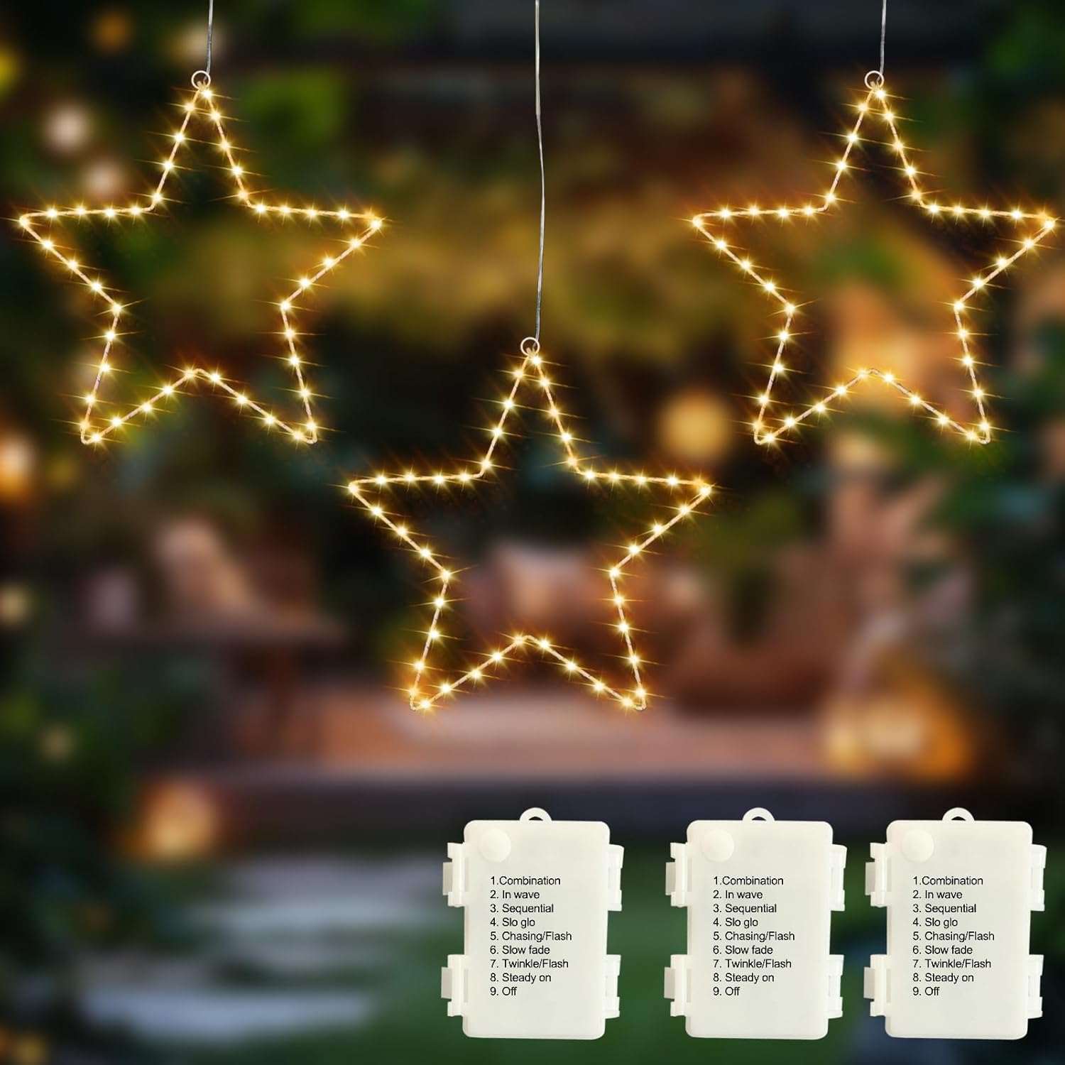 Hopelit Pack of 3 LED Star Window Decoration Hanging 45 LED Warm White Christmas Lights Window Battery Operated 8 Modes IP44 Waterproof Christmas Decoration Window Light Curtain - Star image number 4