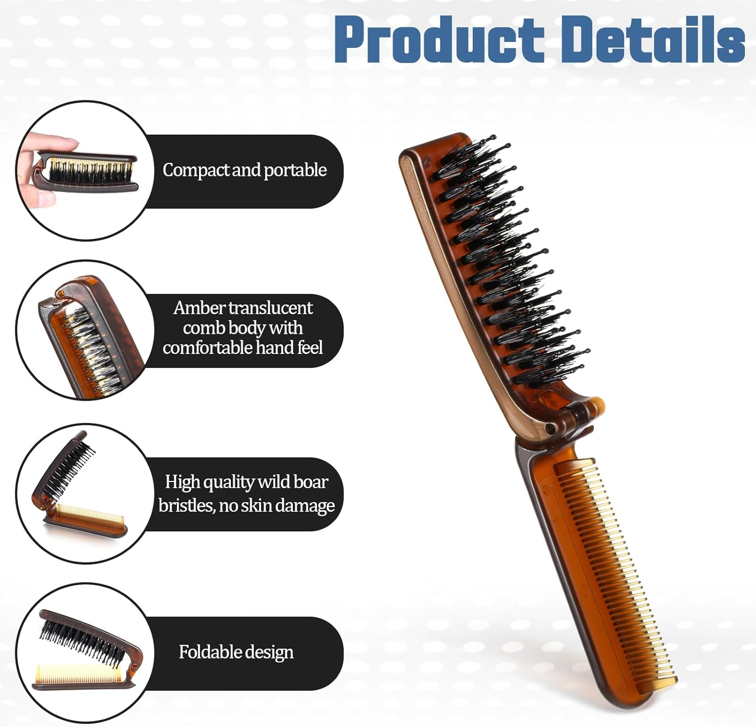Travel Folding Hair Brush, Collapsible Portable Pocket Nylon Bristle Hairbrush with Fine Tooth Comb Mini Wet Hair Brush for Men and Women Kids Thick Thin Curly Straight Hair, Restore Shine image number 2