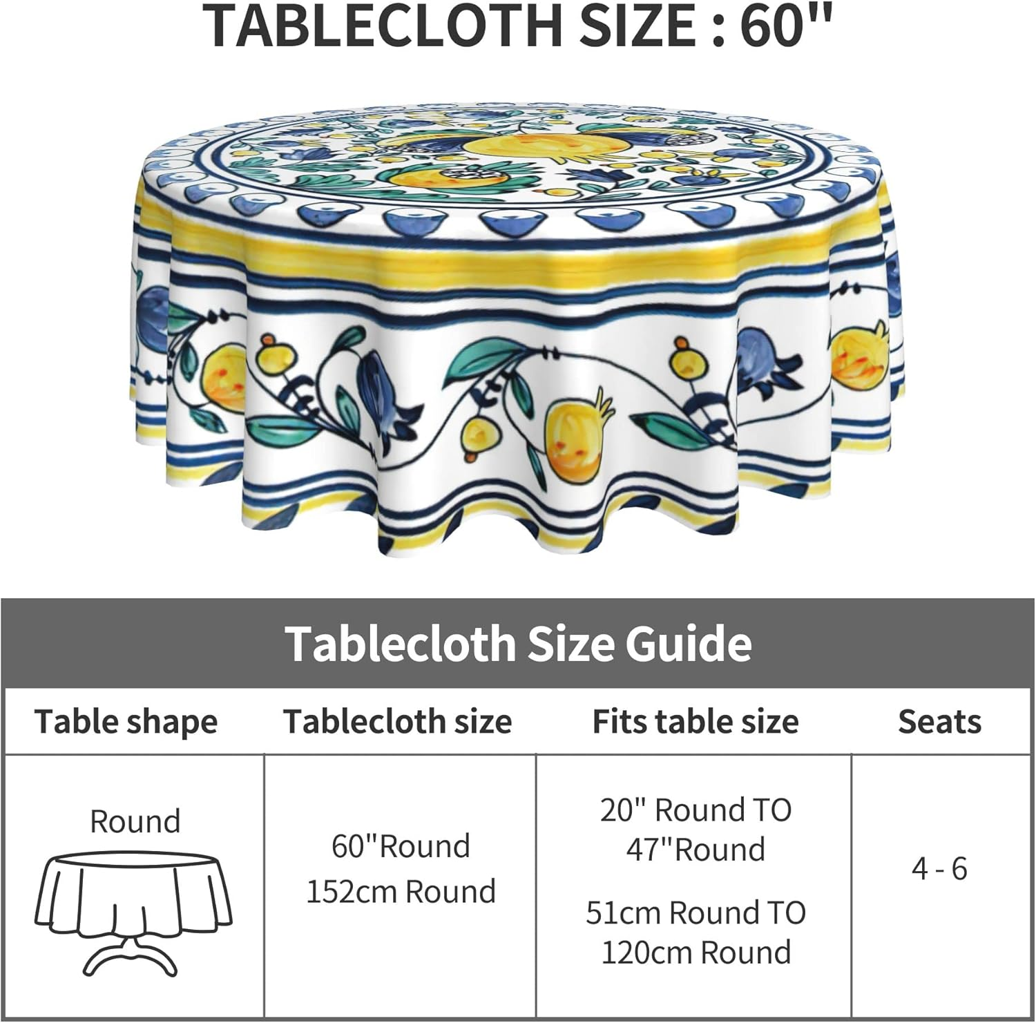 Round Tablecloth 60 Inch, Floral round Table Cloth, Stain Resistance, Water Repellent and Wrinkle-Free, Colorful Flower Circle Tablecloth for Home Kitchen Dining Party Patio Indoor and Outdoor Use