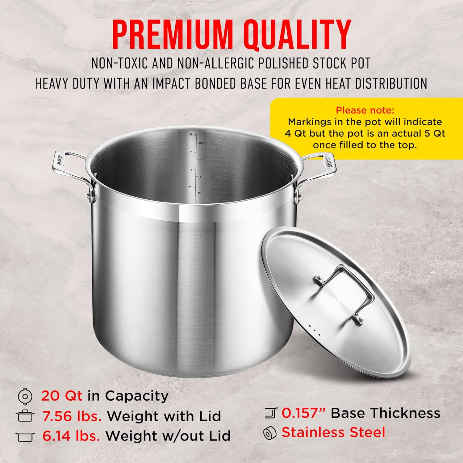 Stockpot &ndash; 20 Quart &ndash; Brushed Stainless Steel &ndash; Heavy Duty Induction Pot with Lid and Riveted Handles &ndash; for Soup, Seafood, Stock, Canning and for Catering for Large Groups and Events by BAKKEN