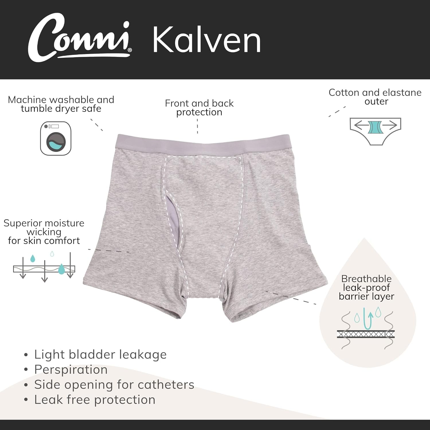 Conni Men'S Kalven Boxers, Absorbent Waterproof Washable Protective Underwear, Grey X 3, 2XL image number 5