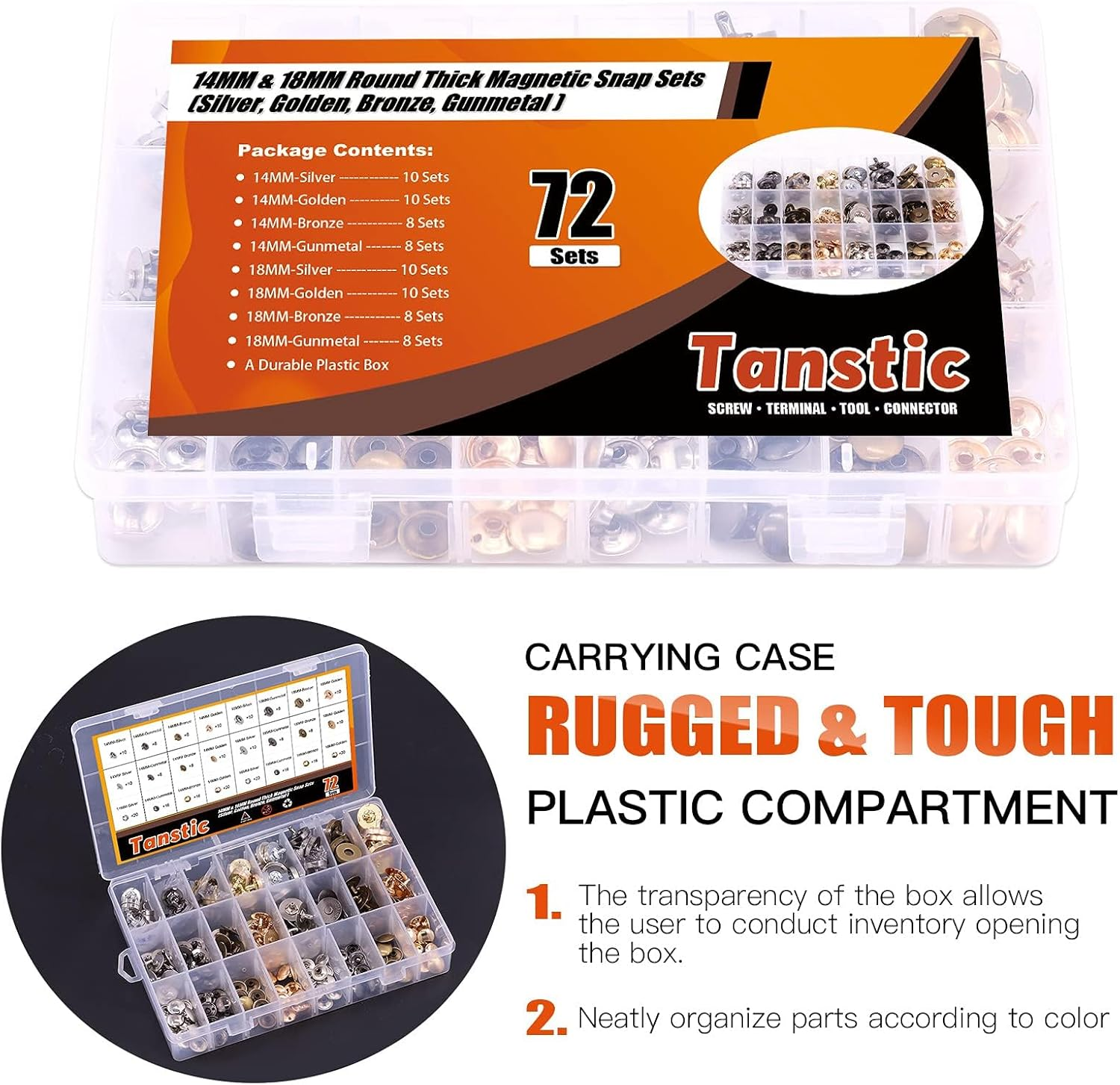 Tanstic 72 Sets 14Mm and 18Mm 4 Color round Magnetic Snap Sets, Strong Magnetic Button Clasps Double-Sided Magnetic Leather Snaps for Clothes, Jackets, Jeans Wears, Bracelets, DIY Craft Sets image number 2