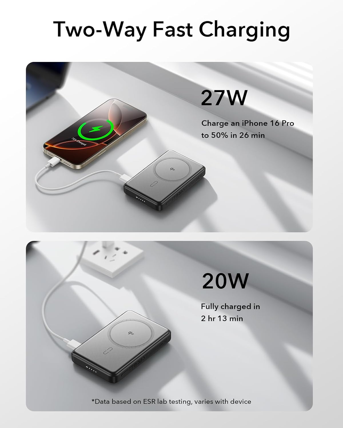 ESR for Magsafe Power Bank, Ultra-Compact 10,000Mah Magsafe Portable Charger, 15W Ultra-Fast Battery Pack, 27W USB-C Magslim Charger with Cable for Iphone 17/16/15/14/13/12, Black image number 5