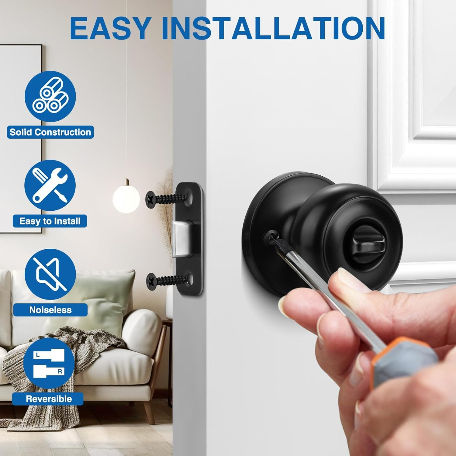 Sopoby Privacy Door Knob, 10 Pack Matte Black round Keyless Doorknobs Interior/Exterior Lockset, Privacy Locking Door Knobs for Bedroom/Bathroom, Black Modern Design Door Hardware image number 2