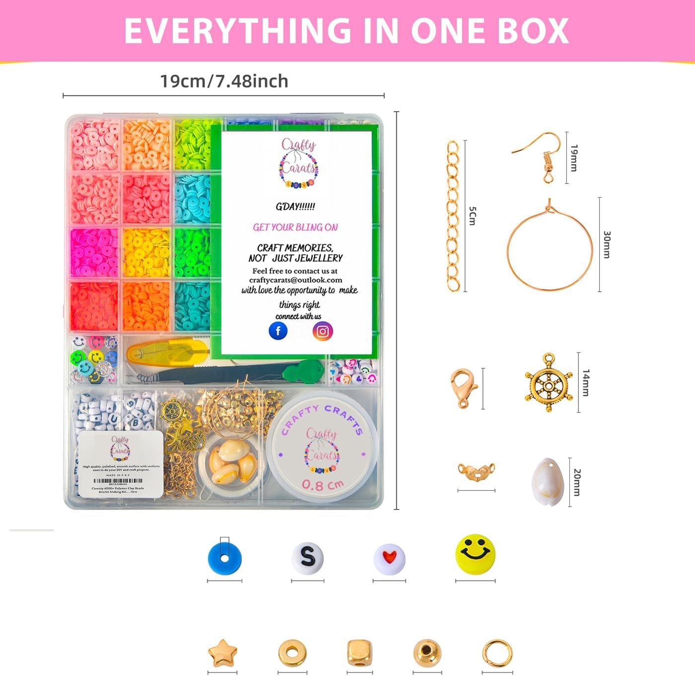 Crafty Carats Friendship Beads 7000+ Polymer Clay Beads Bracelet Making Kit, 24 Vibrant Colors, Flat Polymer Clay Beads, a to Z Letter Beads, Emoji and Smiley Beads Jewellery Making Supplies and Crafts Gift Set for All, Polymer Clay Beads Bracelet Making Kit, Black N White Color Palette Vintage Letter Beads, Charm Bracelet Making Kit, Mystical Charms, Elastic Chords and Clasps for Durable Fit, Hooks and Chain for Perfect Locking, Swifie Bracelets, with One Set of Forceps and Scissor #Onlyonamazon (7000, Plain) (Plain)