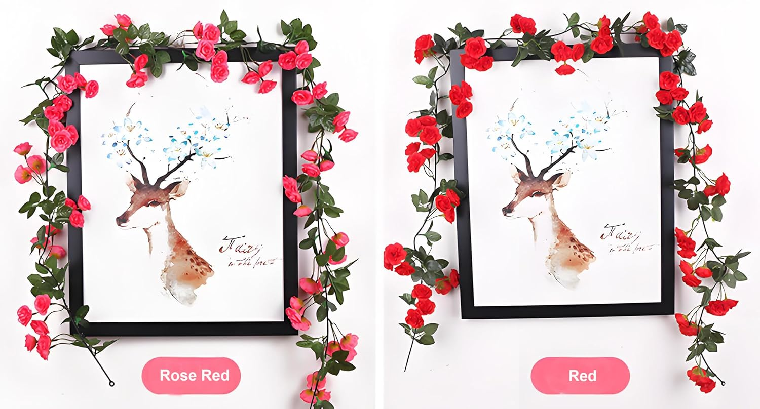 KEAIDUO 2 Pack 6Ft Artificial Fake Rose Garland Vines Hanging Silk Flowers for Outdoor Indoor Wedding Wall Badroom Decoration Rose Red image number 1