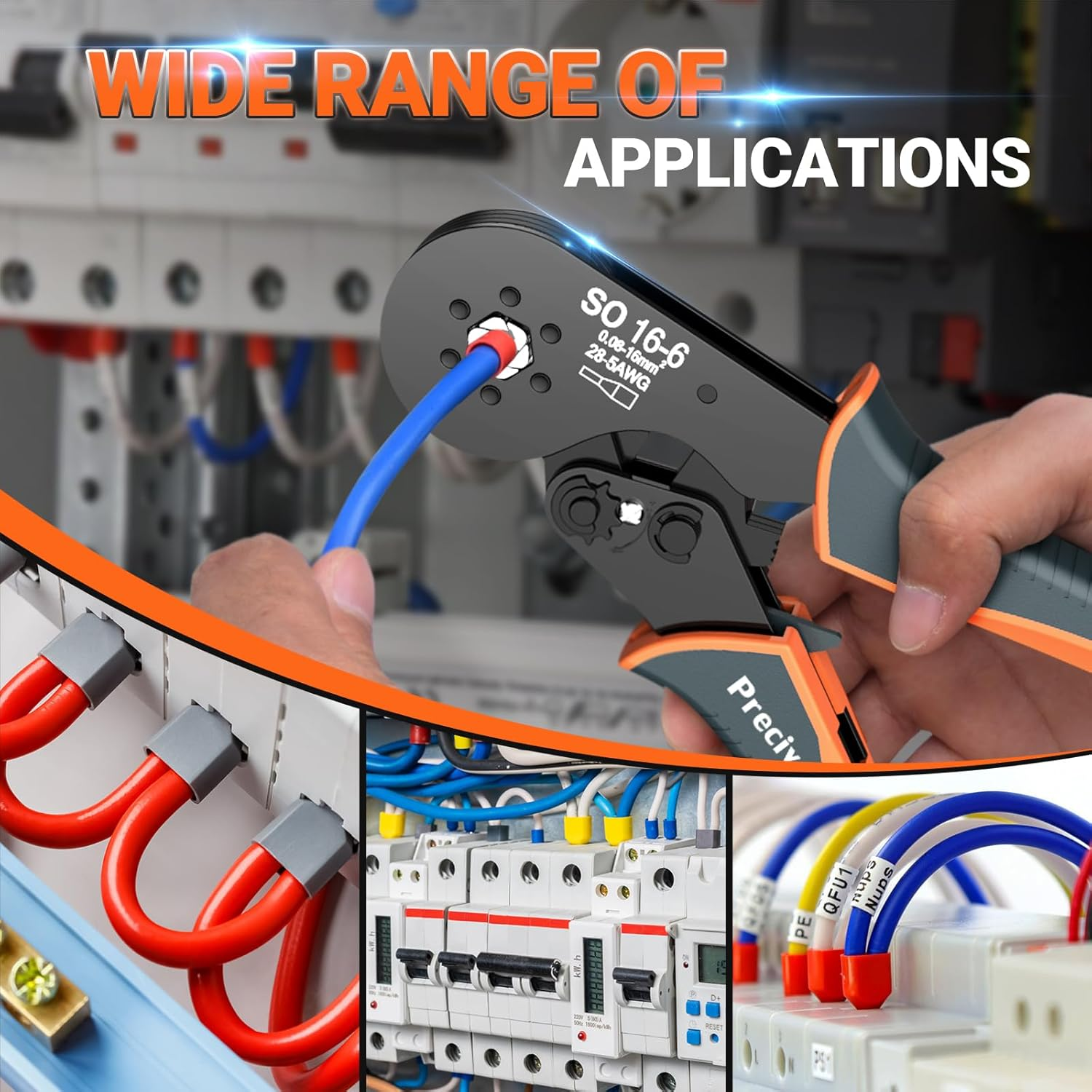 Ferrule Crimping Tool Kit, Preciva Upgrade Double & Single Ferrules Connectors,16-6 Hexagonal Ratchet Jaw Wire Crimping Pliers AWG 28-5 (0.08-16Mm&sup2;) with 1200PCS Terminal Connector Sleeves, CP94120 image number 3