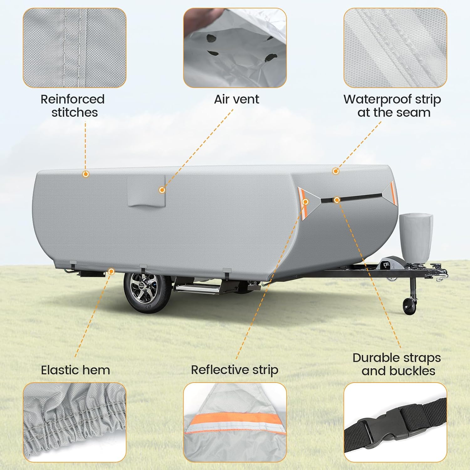 Pop up Folding Trailer Camper Cover Fits 10'-12', Upgraded Heavy Duty Protection Ripstop Waterproof Trailer Cover with 3 Bottom Straps, Anti-Uv Windproof All Season Protection for RV Motorhome