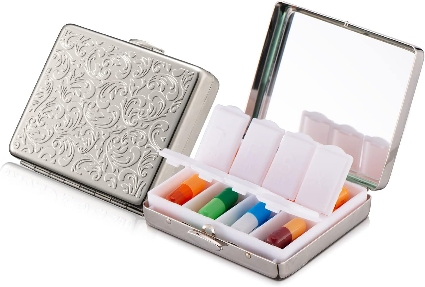 Portable Metal Travel Medicine Box/8 Compartments (Silver, Rectangle)