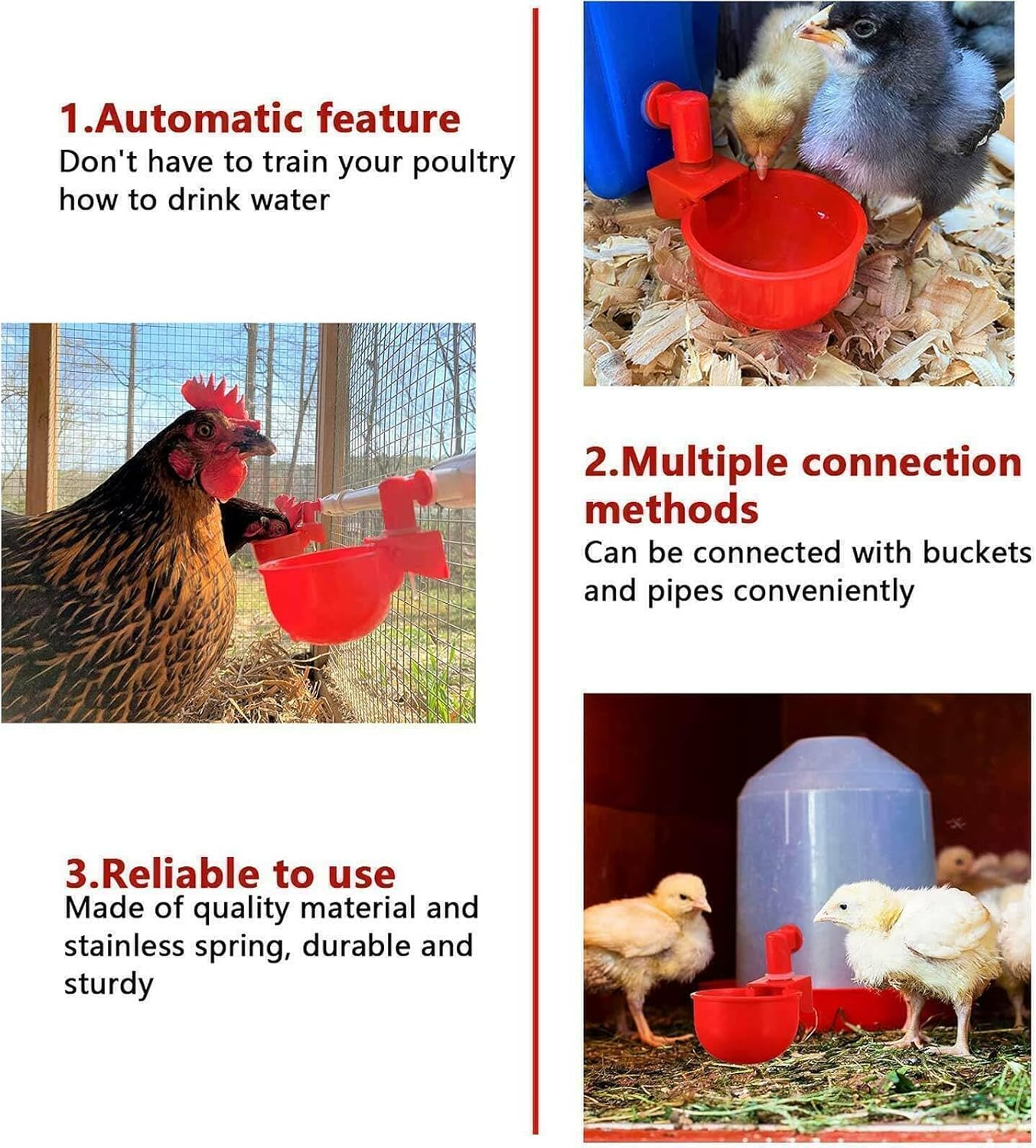Tootoo 1-15PCS Automatic Chicken Water Cup Waterer Poultry Drinking Bowl Feeder Drinker (15Pcs_Red(Diam:6Cm)) image number 1