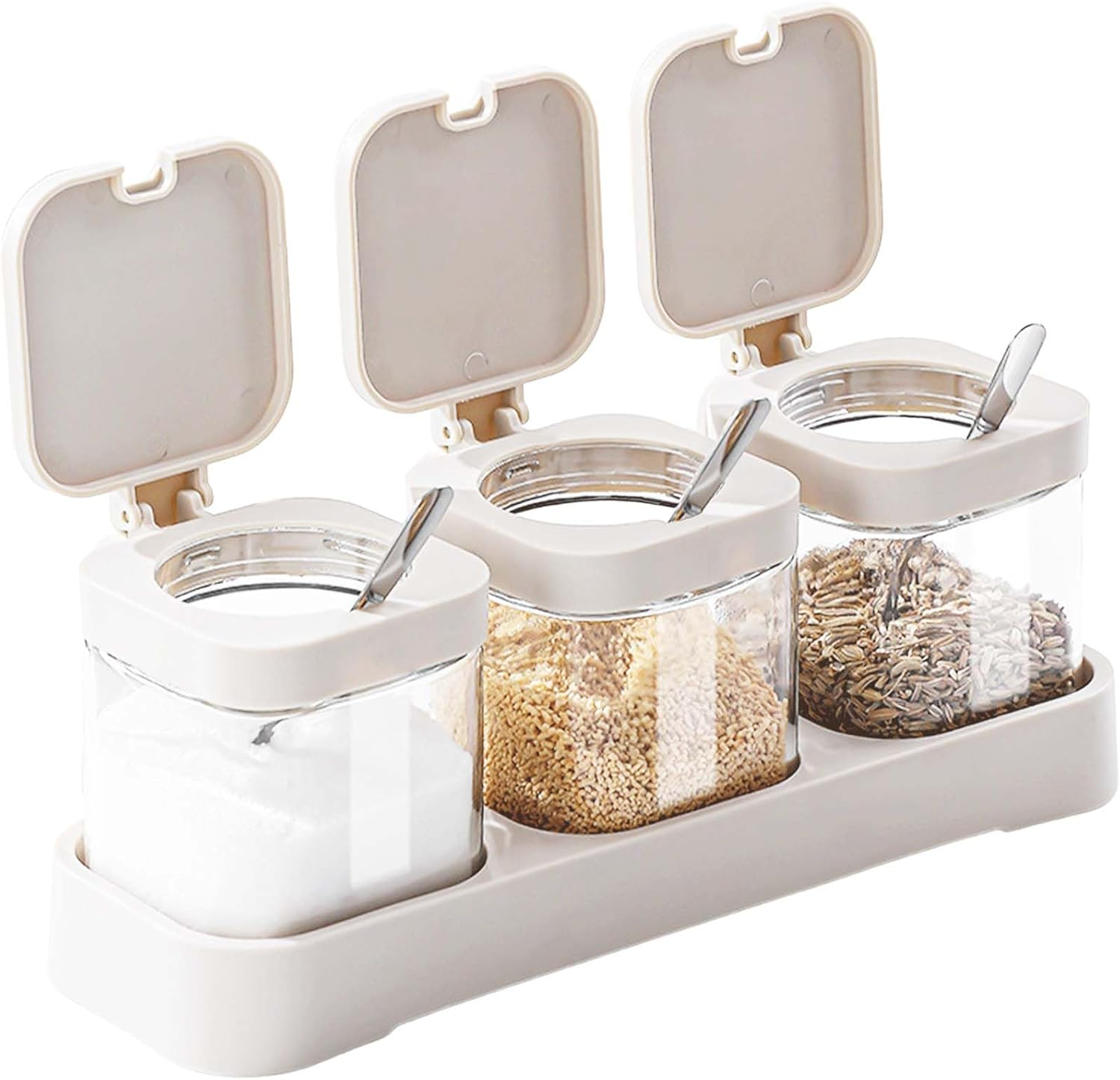 DIYJEP Pack of 3 Spice Jars with Stainless Steel Spoon, Flour Sugar Salt Storage, Glass Square Spice Containers with Lid and Base, Storage Jars, Salt Jar, Spice Box for Kitchen, Seasoning, Tea (White) image number 4