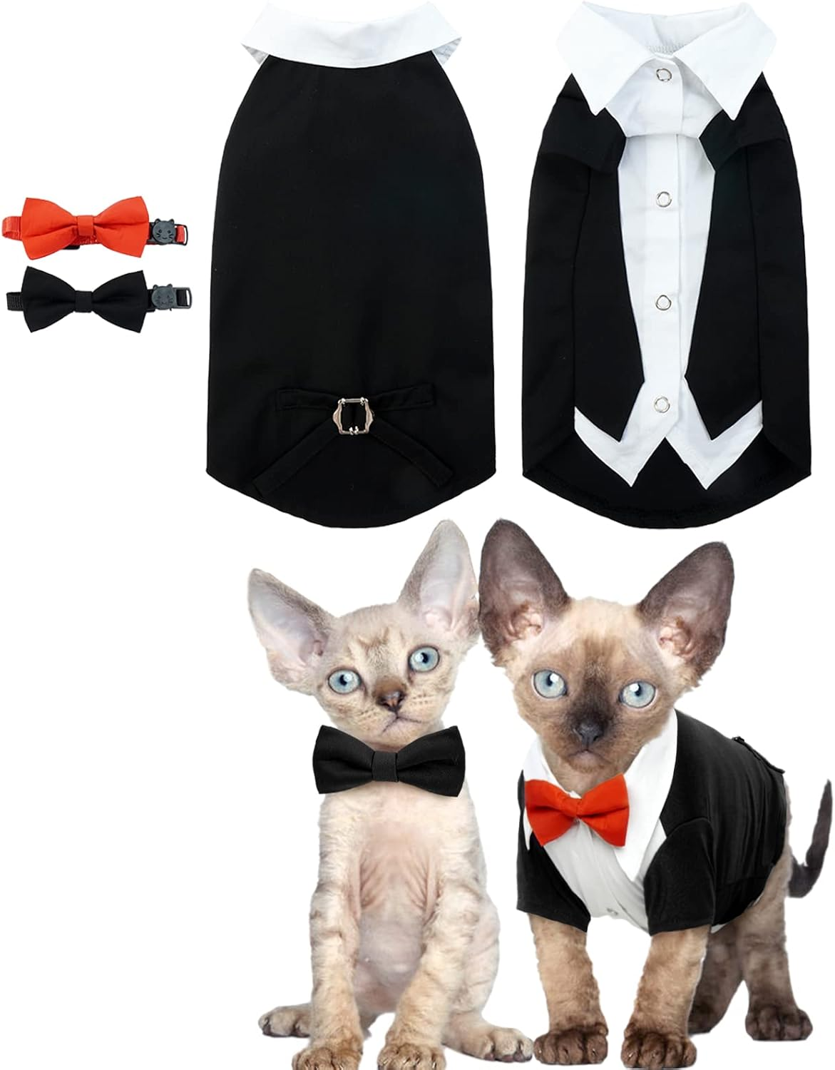 Cat Wedding Suit, Hairless Cat Tuxedo Formal with 2 Pieces Cat Collars with Bow Tie Shirt Cat Coat Wedding Costumes for Small Medium and Large Cats (Black, S) image number 5