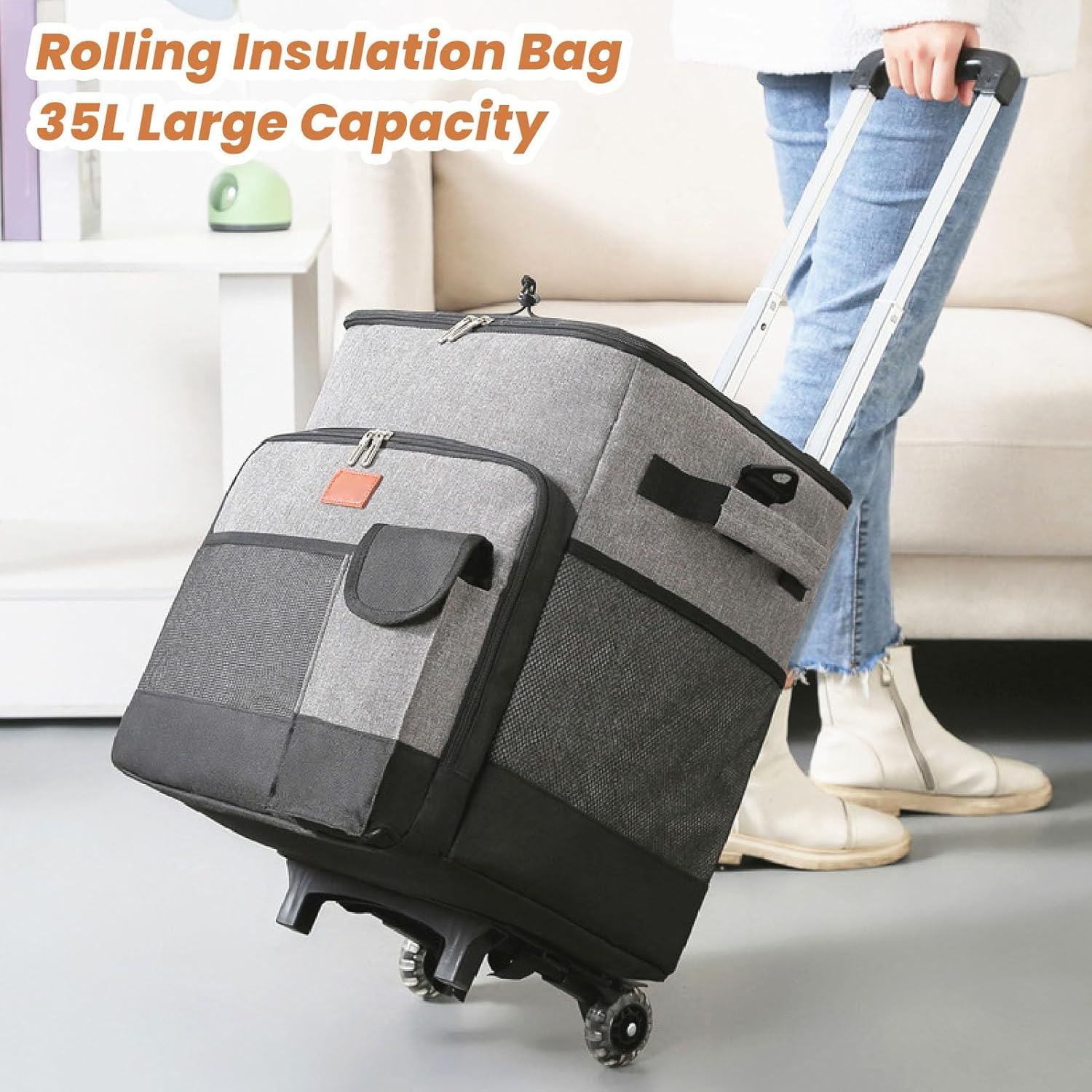 Collapsible Rolling Cooler Bag, 35L Leakproof Insulated Grocery Shopping Bags with Wheels Waterproof Oxford Cloth Lever Type Trolley Insulation Bag for Beach, Camping Patio Travel