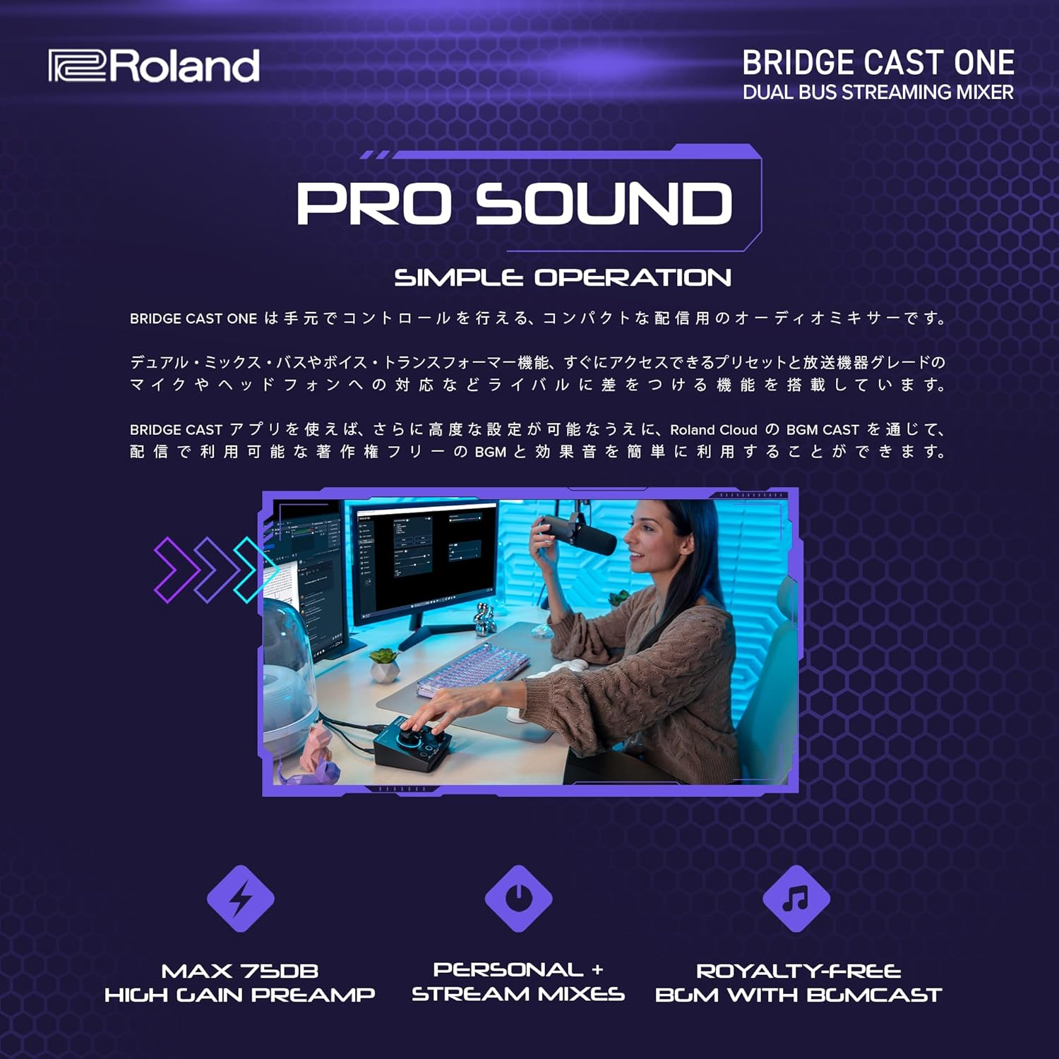 Roland Bridge Cast One Dual Bus Streaming Mixer, Compact Audio Streaming Mixer, for Online Gamers & Content Producers, 32-Bit Hardware DSP, USB-C Connection for Windows and Mac image number 4