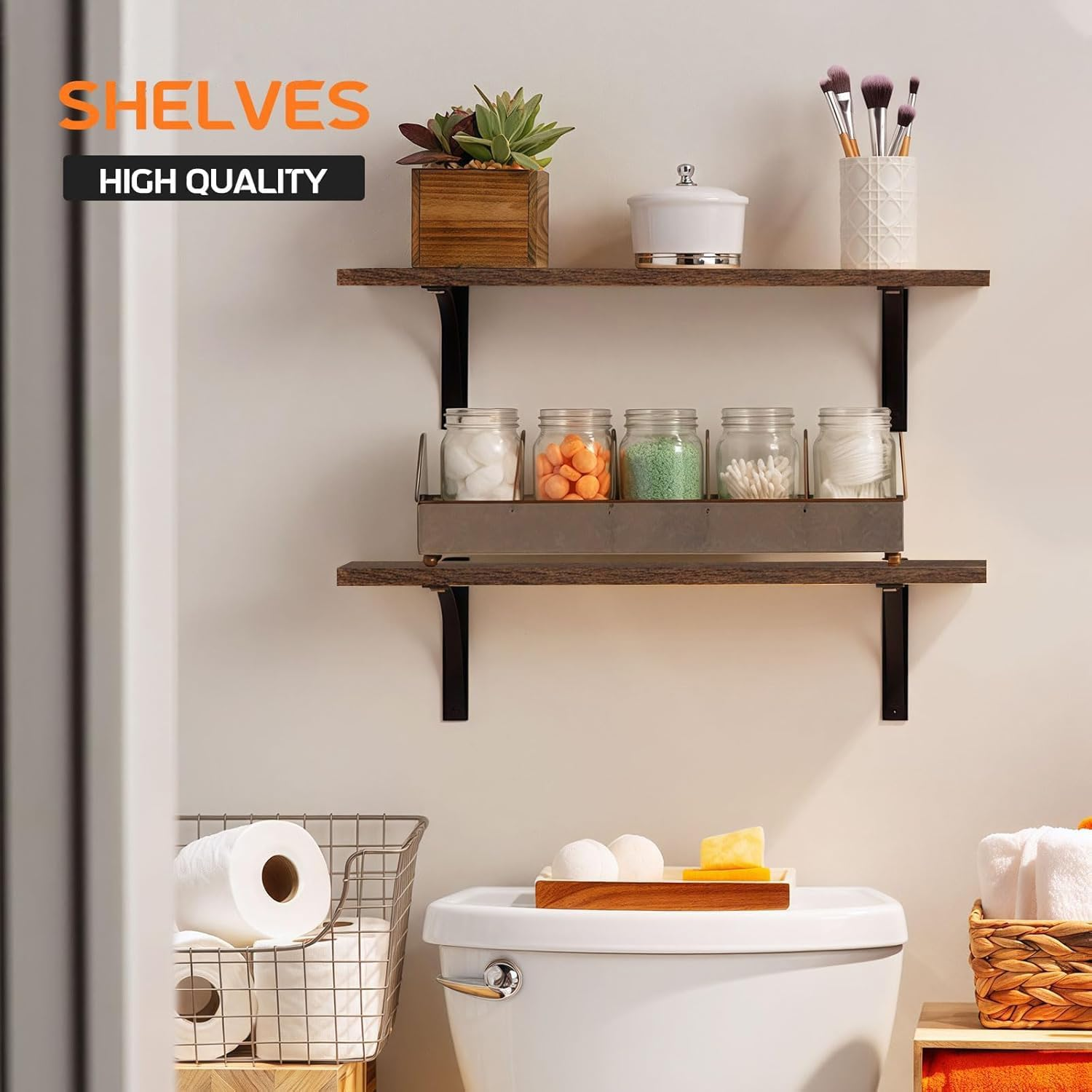 Floating Wall Shelves for Bedroom Decor Home Decor, Wall Storage, Book Shelf, Wall Mounted Rustic Wood Shelf for Books,Plants (Black, 4 Pack) - Black -4 Pack image number 2