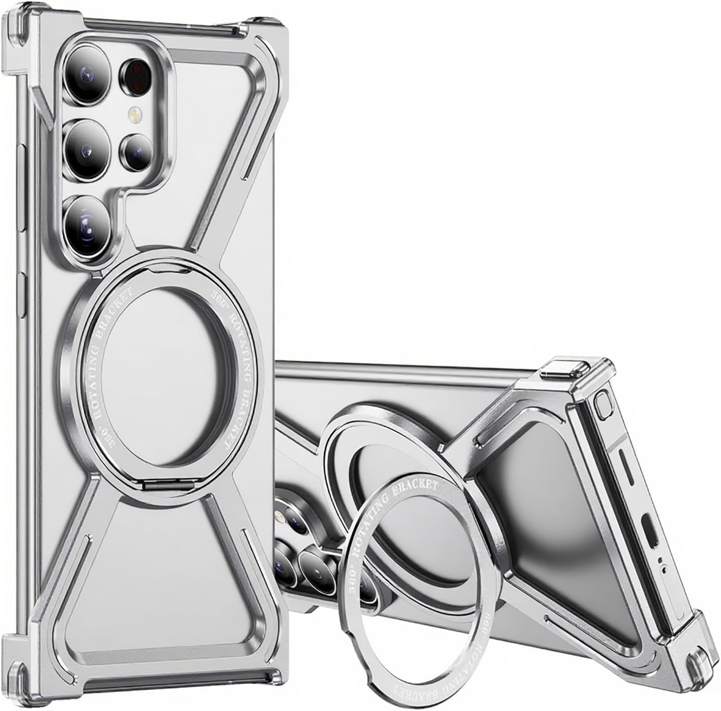 QIWEIQING Skeleton Case for Samsung S25 Ultra, Military-Grade Protection Magnetic 360&deg;Ring Kickstand Compatible with Magsafe Titanium Shockproof Bumper Cover for Galaxy S25 Ultra, Silver THJ