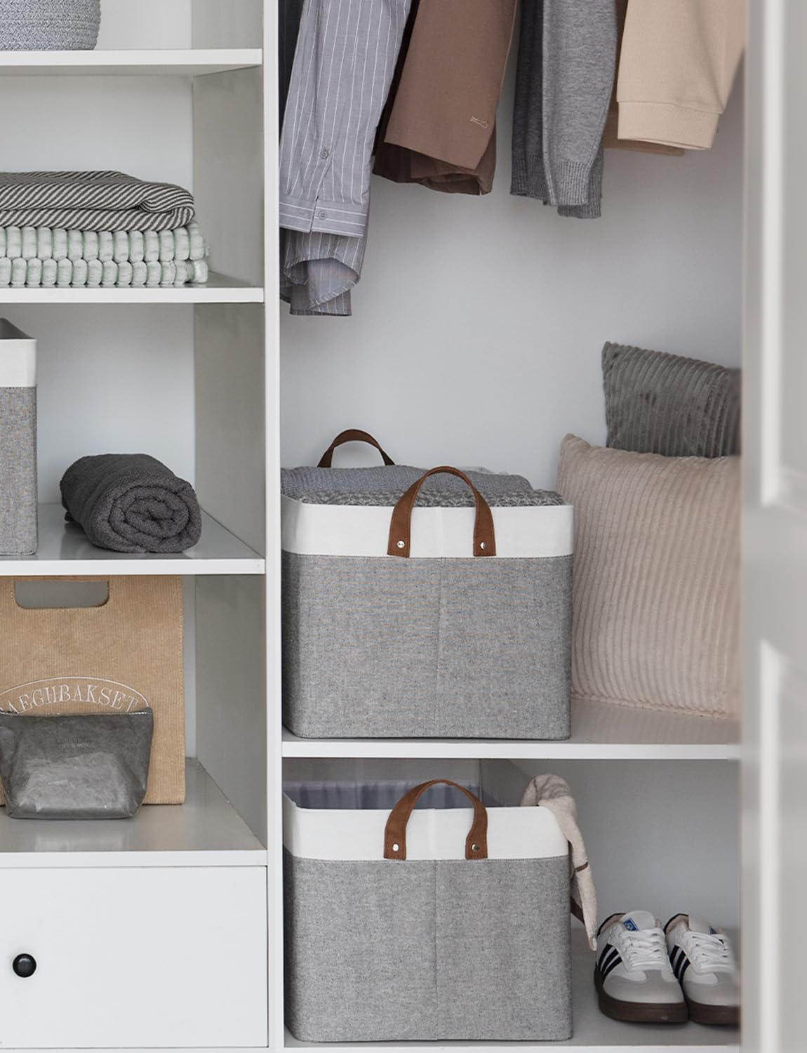 Storageworks Storage Bins, Shelves Baskets for Organizing, Large Fabric Closet Organizers with Handles, Metal Frame, Gray and White, 2-Pack image number 5