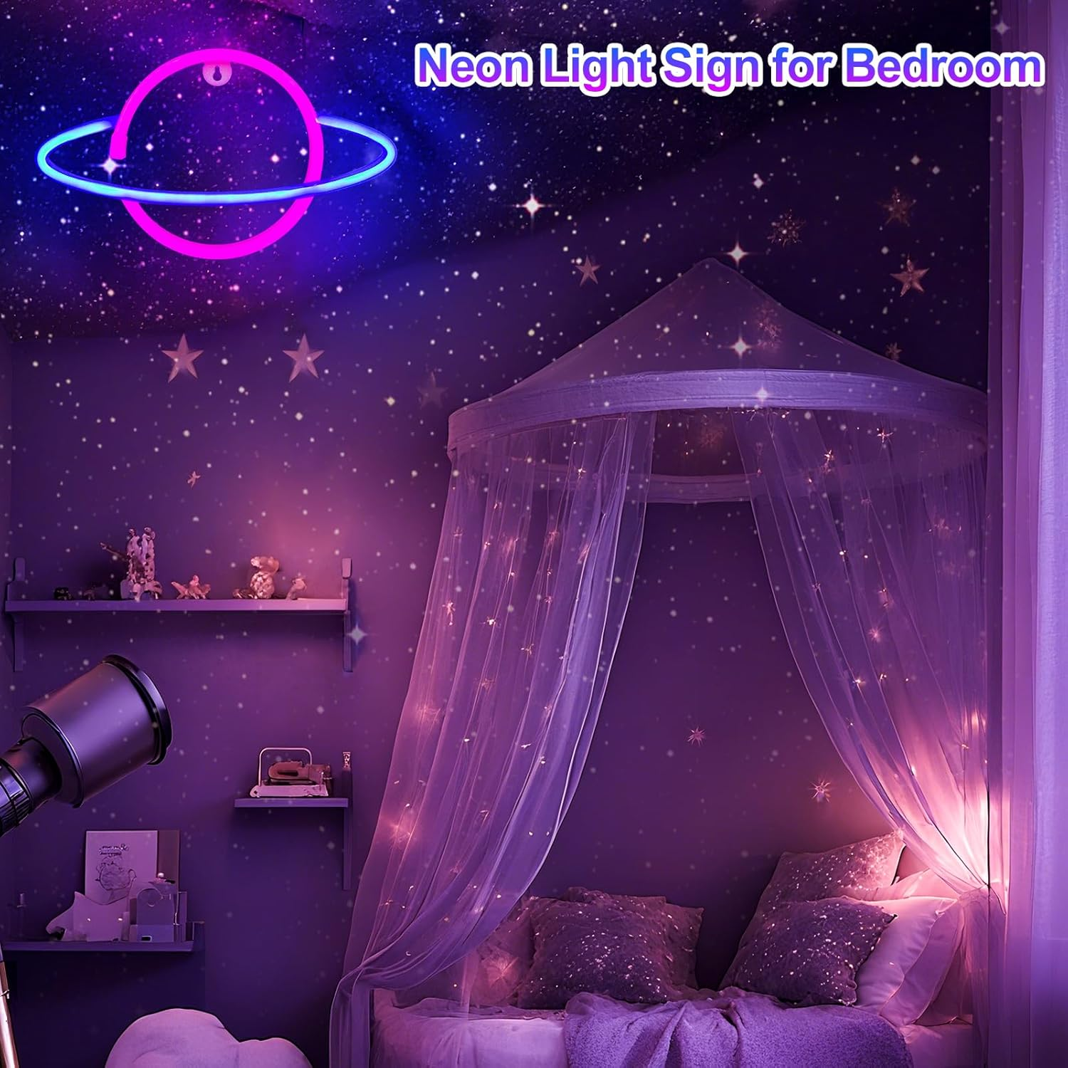 Gpurplebud Planet Neon Sign, Wall Decor Led Lights Home Decoration(Blue&Pink) image number 6