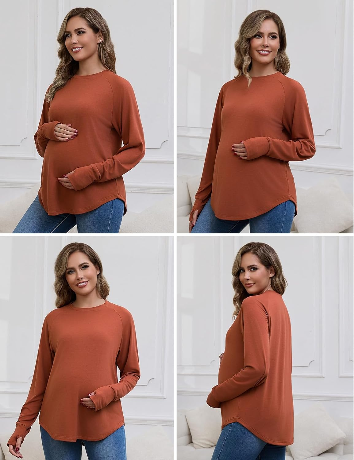 Bhome Maternity Shirts 3 Packs Long Sleeve Pregnancy Tops Loose Fit Casual Blouses with Thumb Holes image number 6