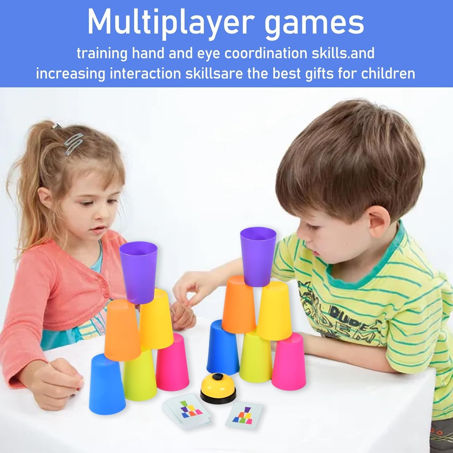 Stacking Cups Game with 50 Challenges Cards and Timer, 12 Plastic Cups, Quick Cups Games for Kids Classic Family Game, Speed Stacking Cups Idea for Boys and Girls image number 5