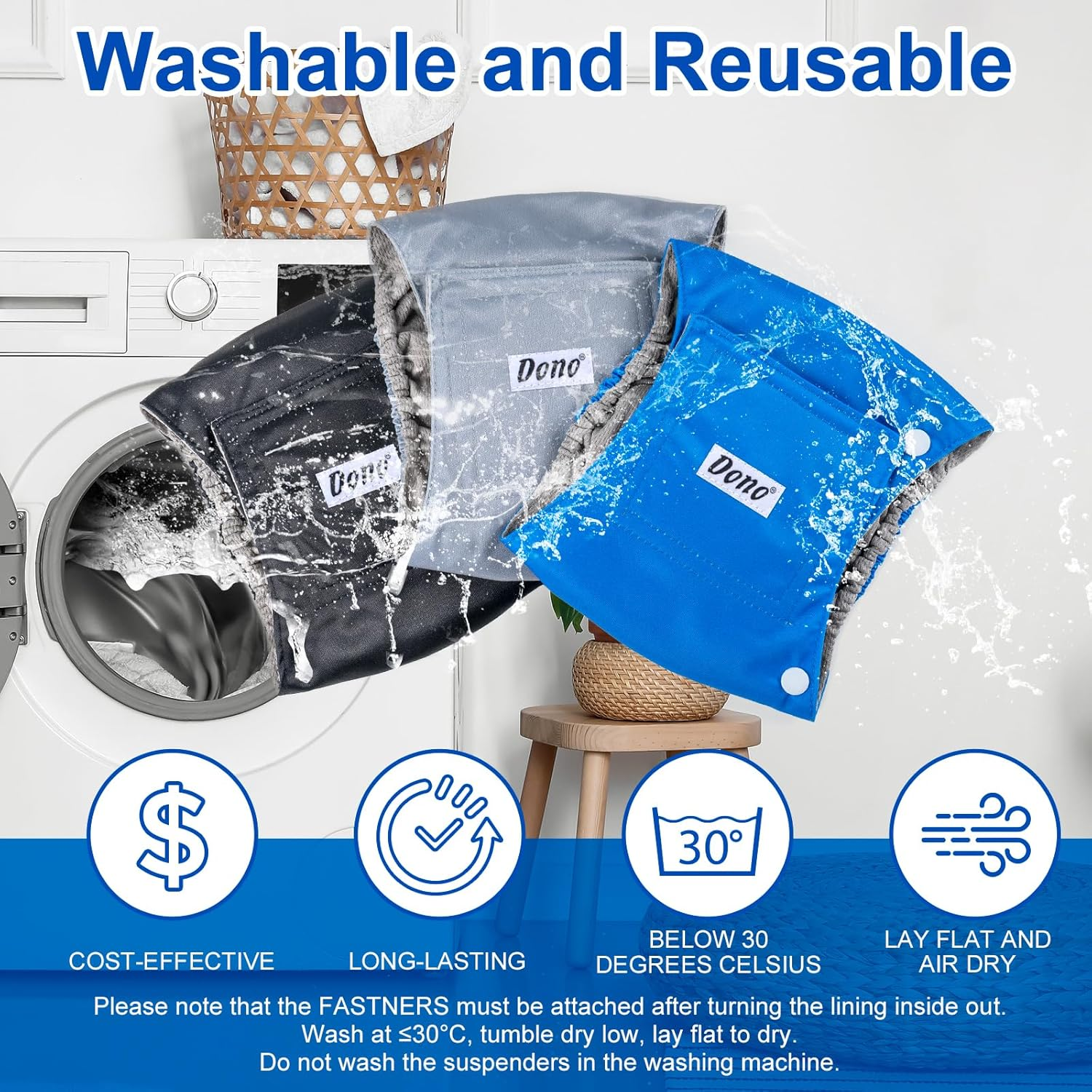 Dono Washable Belly Bands for Male Dogs 3 Pack, Reusable Dog Diapers Male, Super-Absorbent Doggie Puppy Male Wraps, Blue Black Gray, Large image number 5