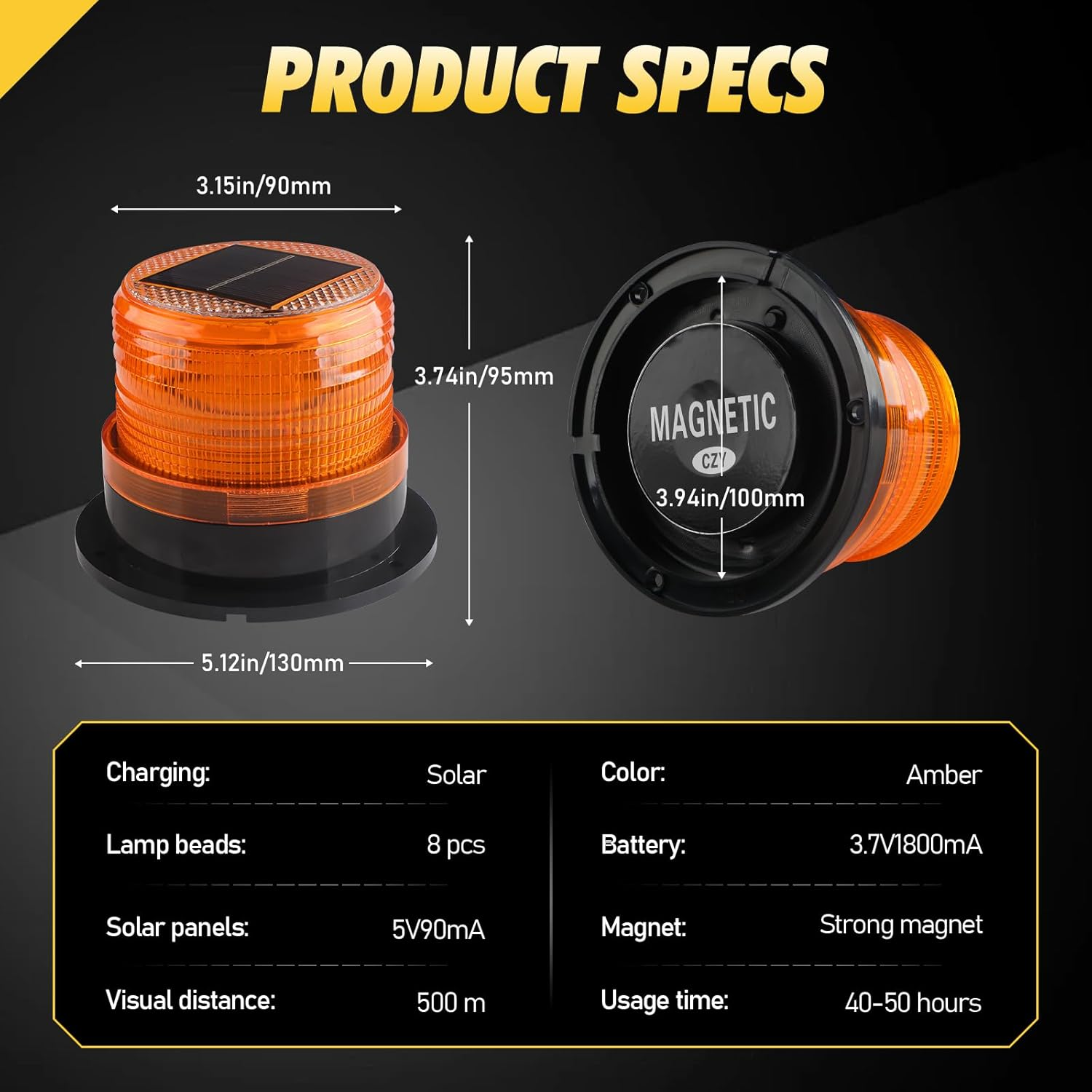 Kaidengzhe Solar Strobe Warning Light, Wireless Waterproof LED Beacon Lights with Magnetic Base, Safety Flashing Caution Lights for Cars Truck Tractors Bus Forklift SUV Construction Vehicle, Amber image number 3