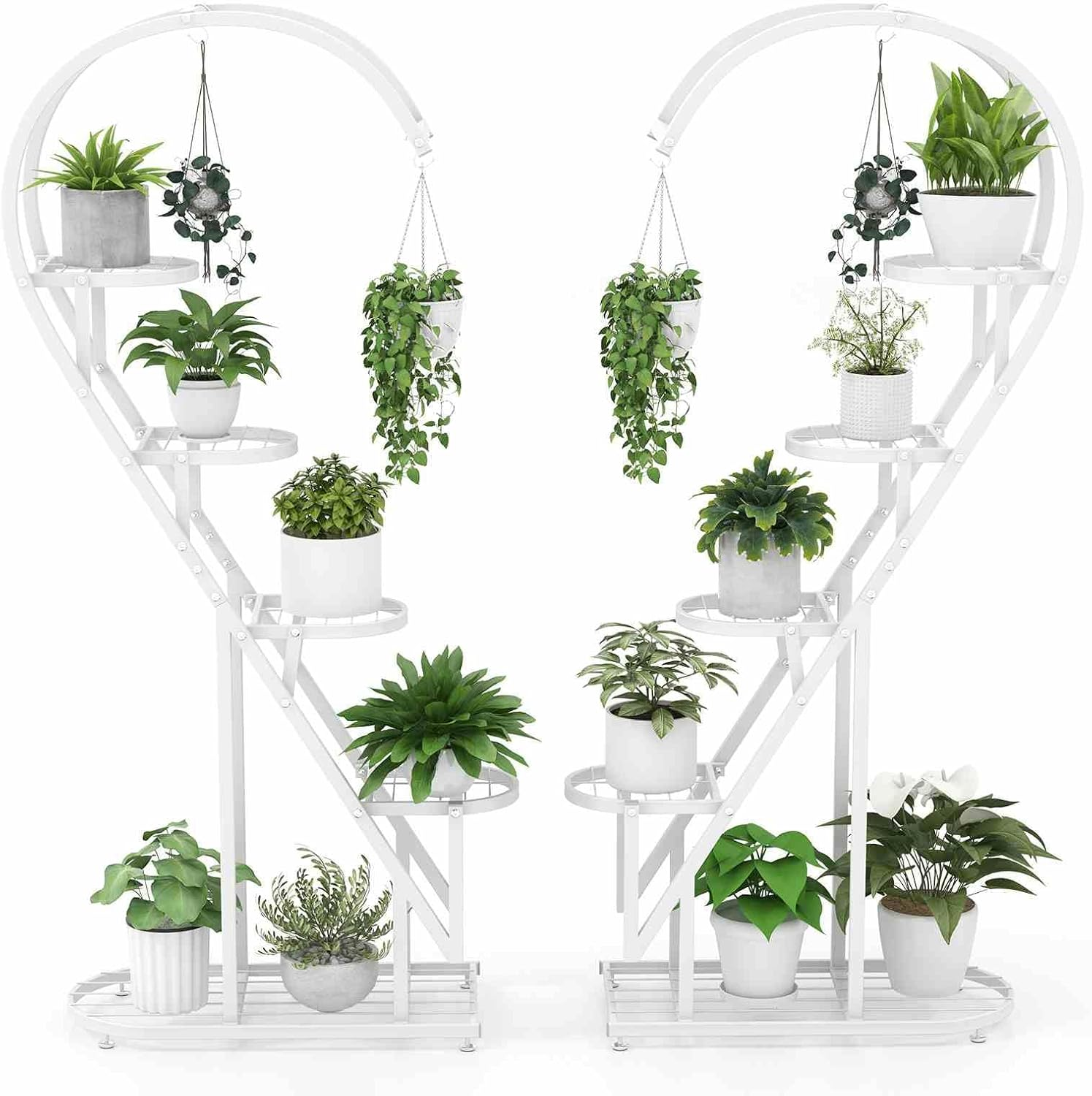 Costway 5 Tier Metal Plant Stand, Heart-Shaped Ladder Plant Shelf W/Hanging Hook for Multiple Plants, Indoor Tiered Flower Display Shelf for Living Room Bedroom Balcony (2 Pack) (Black)