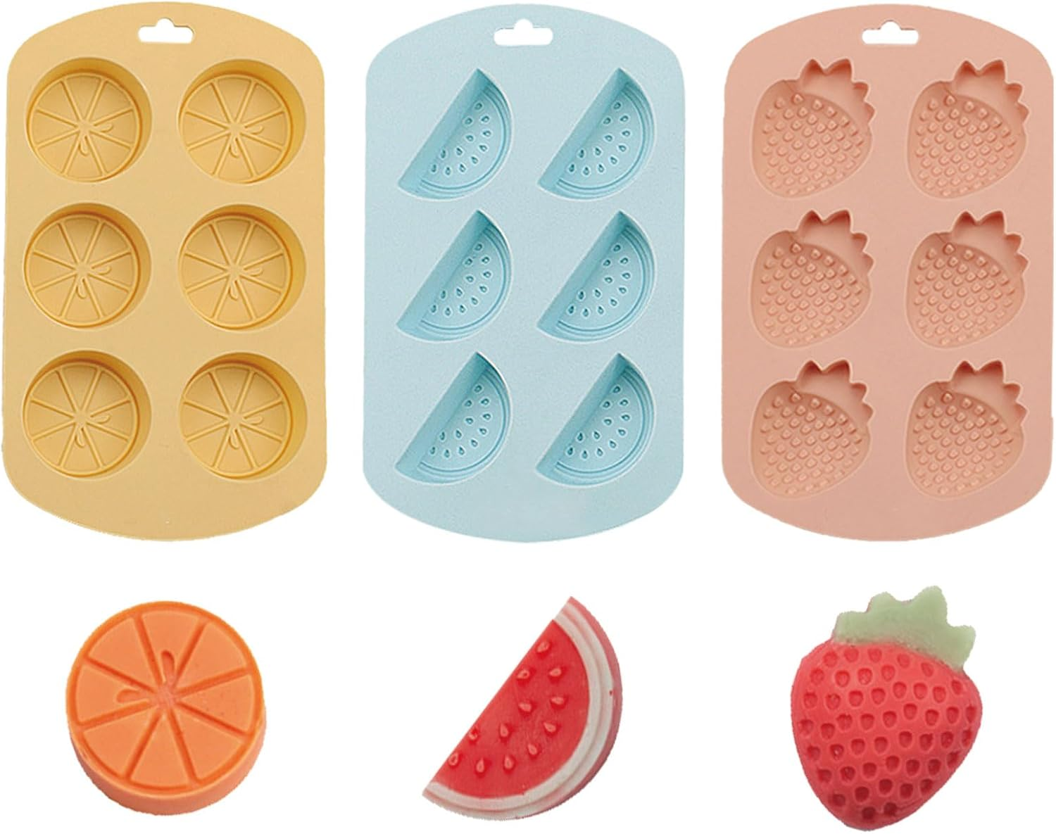 Homiliky 3 Pack Gummie Molds，Fruit Shape Food Grade Silicone Candy Molds 3D Mini Strawberry Watermelon Lemon Fruit Shape Silicone Candy Molds Non-Stick Cake Decoration Mold for Hard Candy, Chocolate image number 1