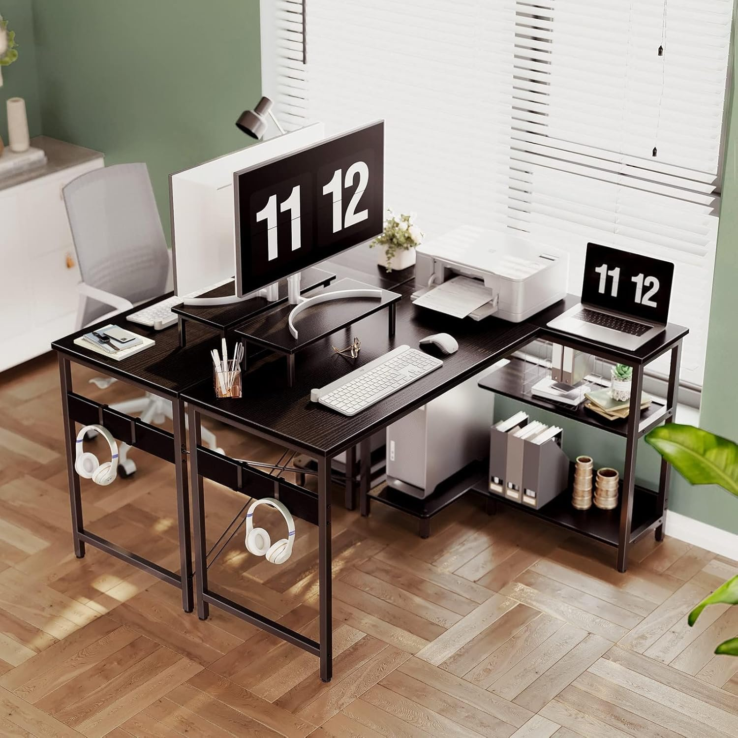 ODK L Shaped Computer Desk with Reversible Storage Shelves, 118 * 80 * 86.4Cm, Corner Desk with Monitor Stand&Headphone Hook, Home Office Desk, Modern Simple Writing Table, Black image number 4