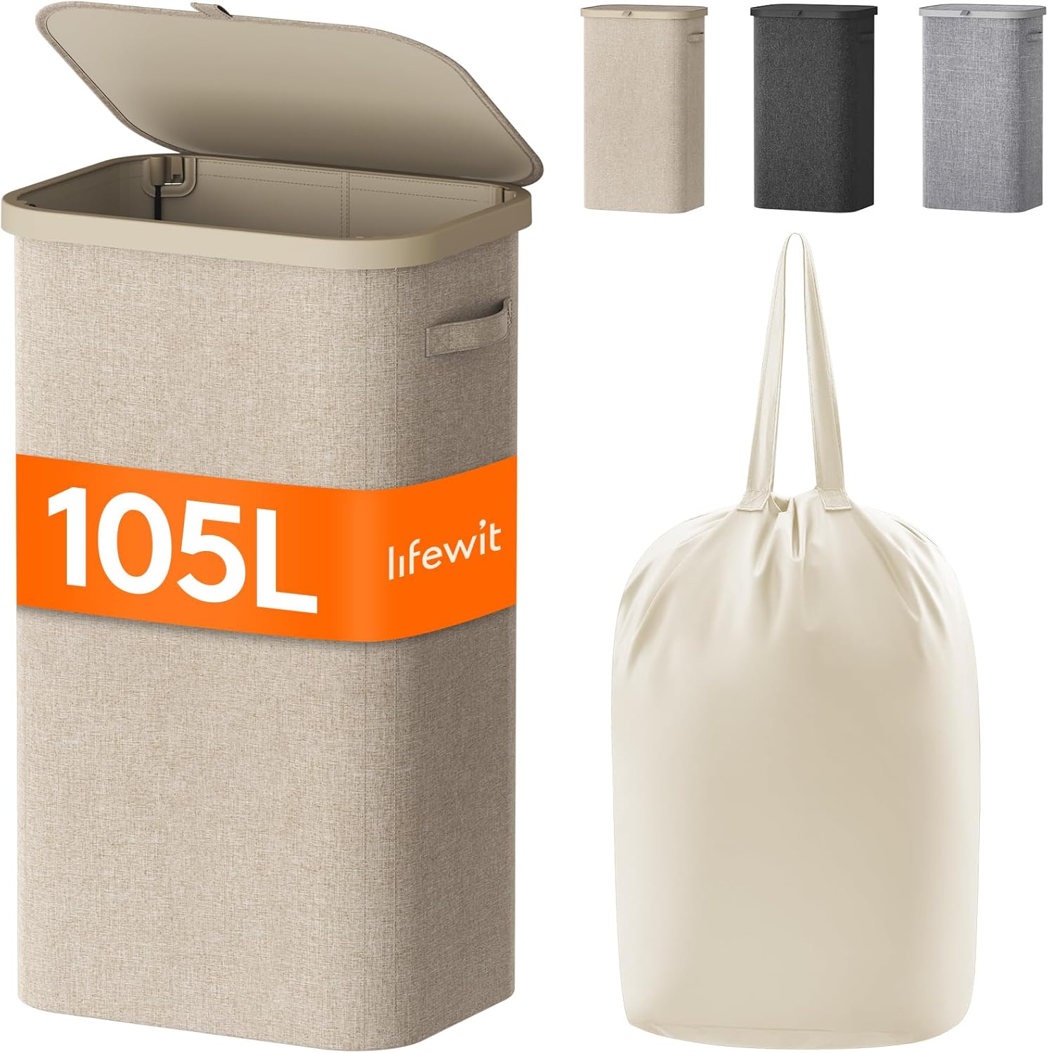 Lifewit 100L Plastic Laundry Hamper with Lid, Foldable Laundry Basket with Removable Bag and Lid, Large Tall Dirty Clothes Hamper for Laundry Room, Bathroom, Bedroom, Dorm, Beige image number 6