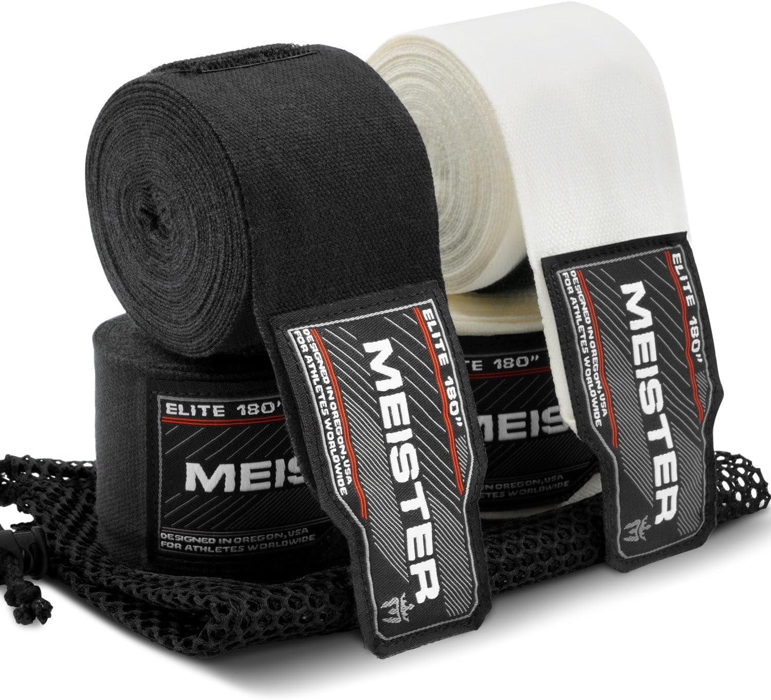 Meister Elite 180" Premium Adult Hand Wraps for MMA & Boxing - 2 Pair Pack W/Mesh Bag