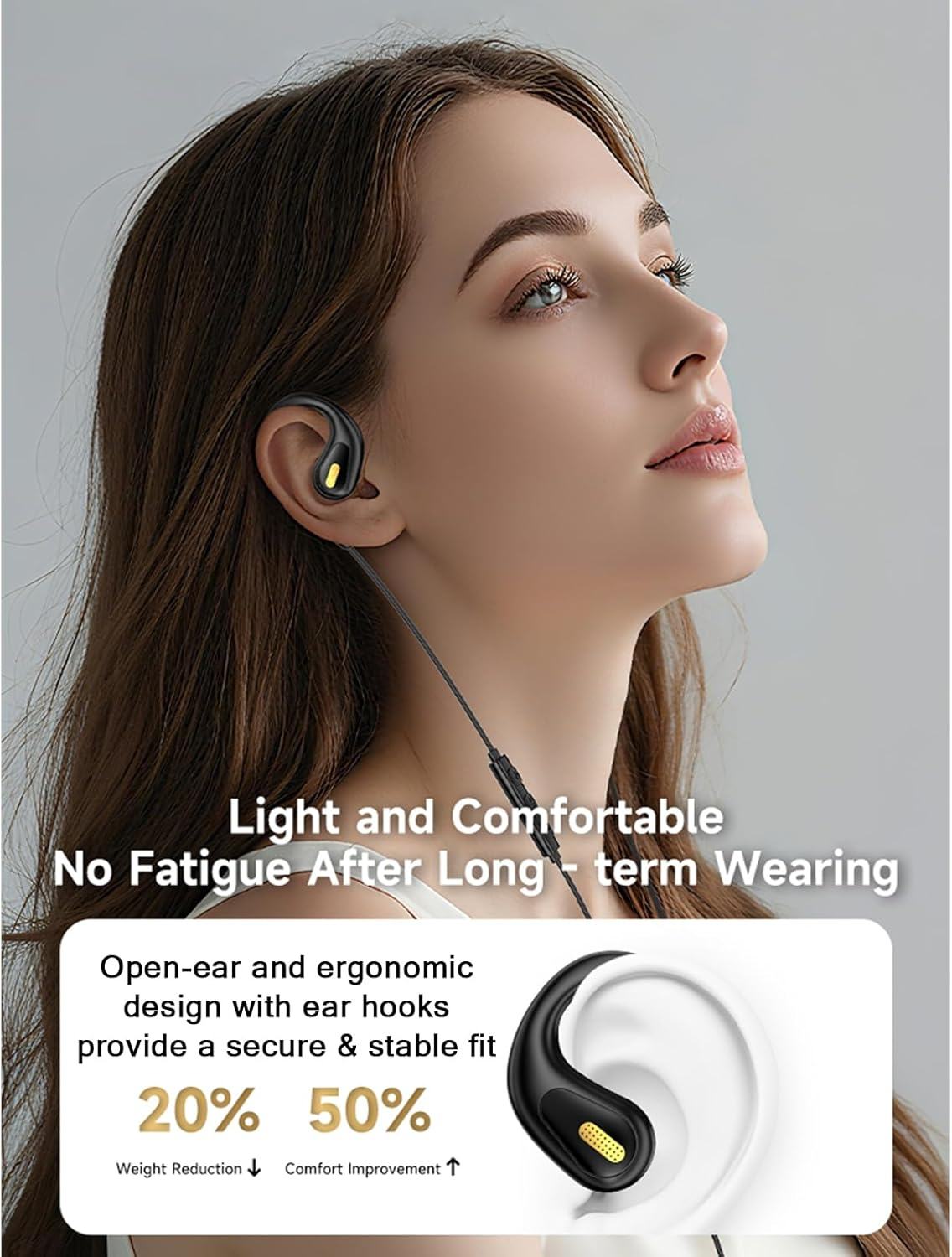 Fesoklaf 3.5Mm Wired Open Ear Headphones with Ear Hook, Running Headphones with Microphone and Inline Control, Air Line, Wired Stereo Headset for Sports, Cycling, Jogging