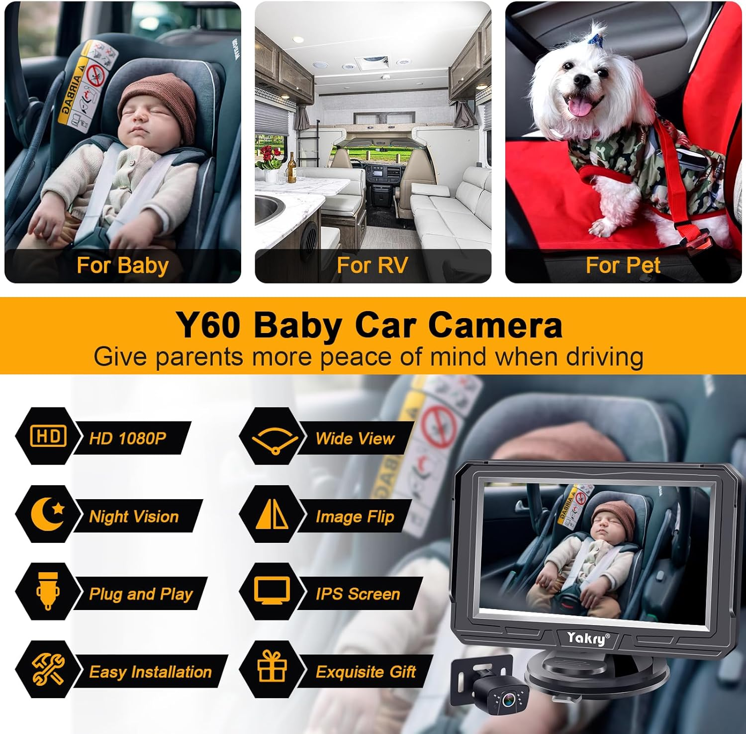 Yakry Baby Car Camera for Backseat - HD 1080P, 170&deg; Wide Angle, Night Vision, 360&deg; Rotation, Safe for Babies, Easy Install, Rear-Facing Baby Car Mirror for Parents Y60 image number 2