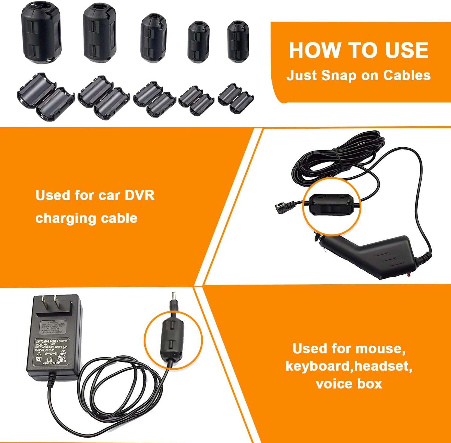 HUAREW 60 Pcs Black Clip-On Ferrite Ring Core RFI EMI Noise Suppressor Cable Clip for 3.5 Mm 5Mm 7Mm 9Mm 13Mm Diameter Cable image number 2