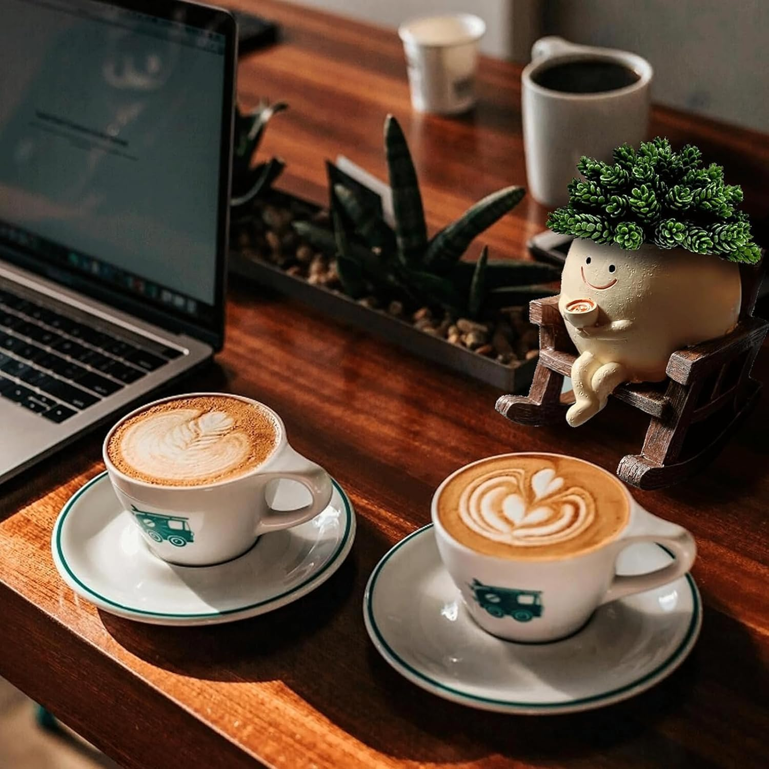 Swinging Smiley Face Plant Pot,Cute Coffee Plant Pots for Indoor Outdoor,Cute Head Resin Rocking Chair Plant Pots,Rocking Chair Succulent Flower Pots with Drainage Hole, Gift Ideai for Birthday image number 6