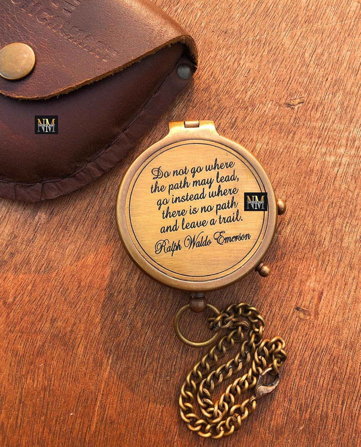 Ralph Waldo Emerson Quote Brass Compass Do Not Go Poem Compass with Leather Case for Graduation, Baptism, Confirmation - Brass Pocket Compass Gifts image number 4