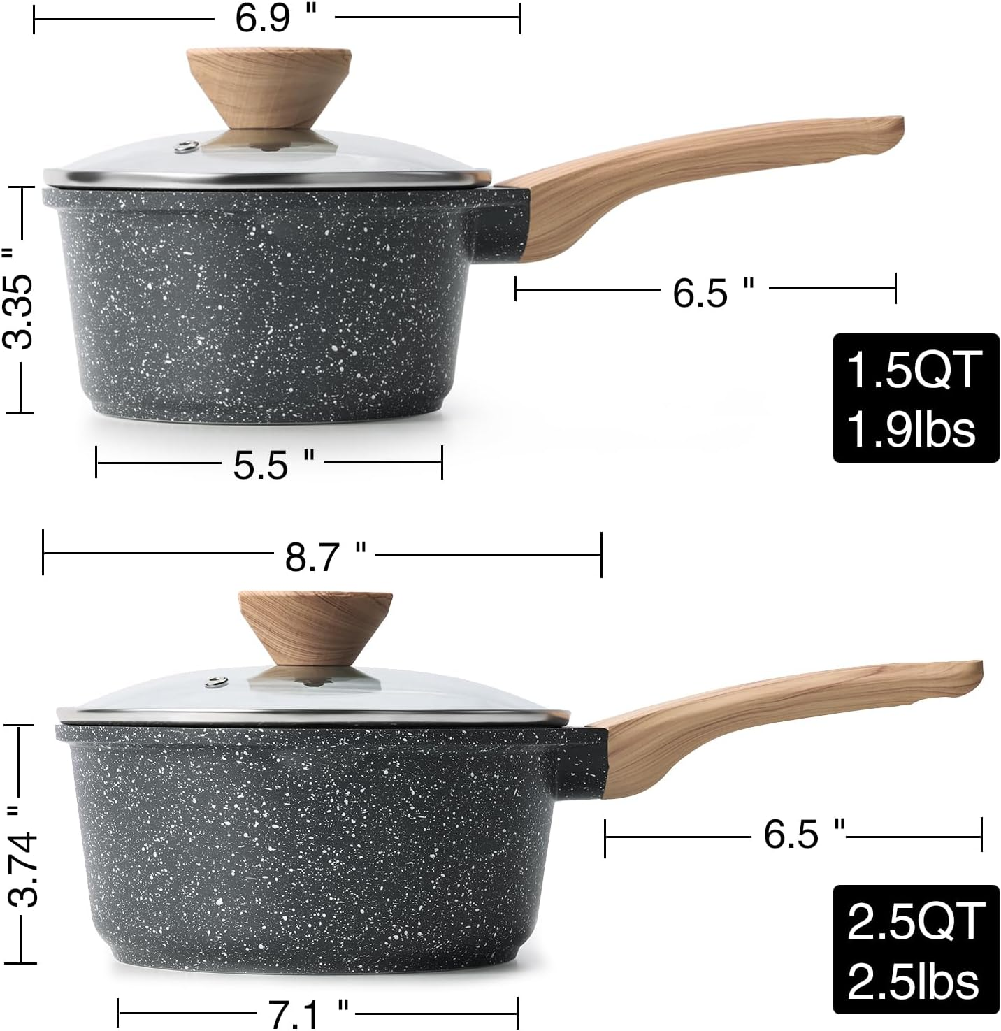 Kordisen Sauce Pan Set with Lid, 1.5QT & 2.5QT Non Stick Small Pot with Granite Coating, Saucepan with Pour Spout, Multipurpose Handy Induction Pot, Kitchen Cookware Cooking Pot, PFOA/PFOS Free image number 3