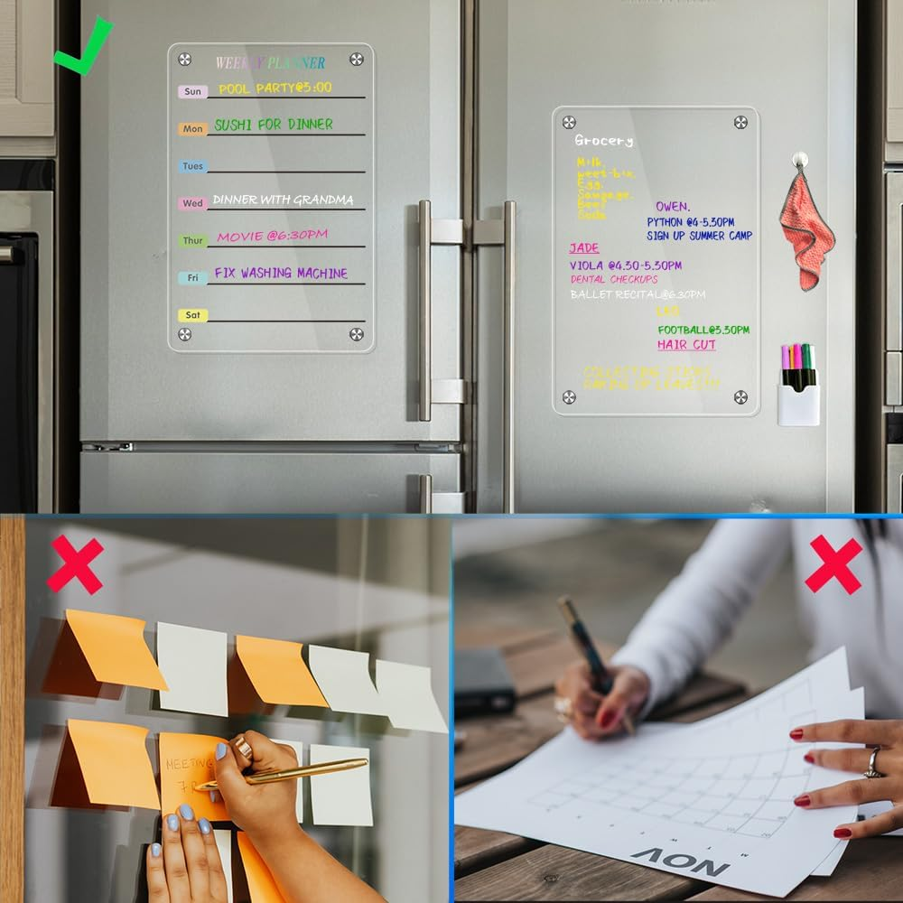 Acrylic Magnetic Planner for Fridge, Includes 6 Colorful Liquid Markers, Marker Holder, Cleaning Towel, Silicone Covers (33 * 22 Weekly Planner)