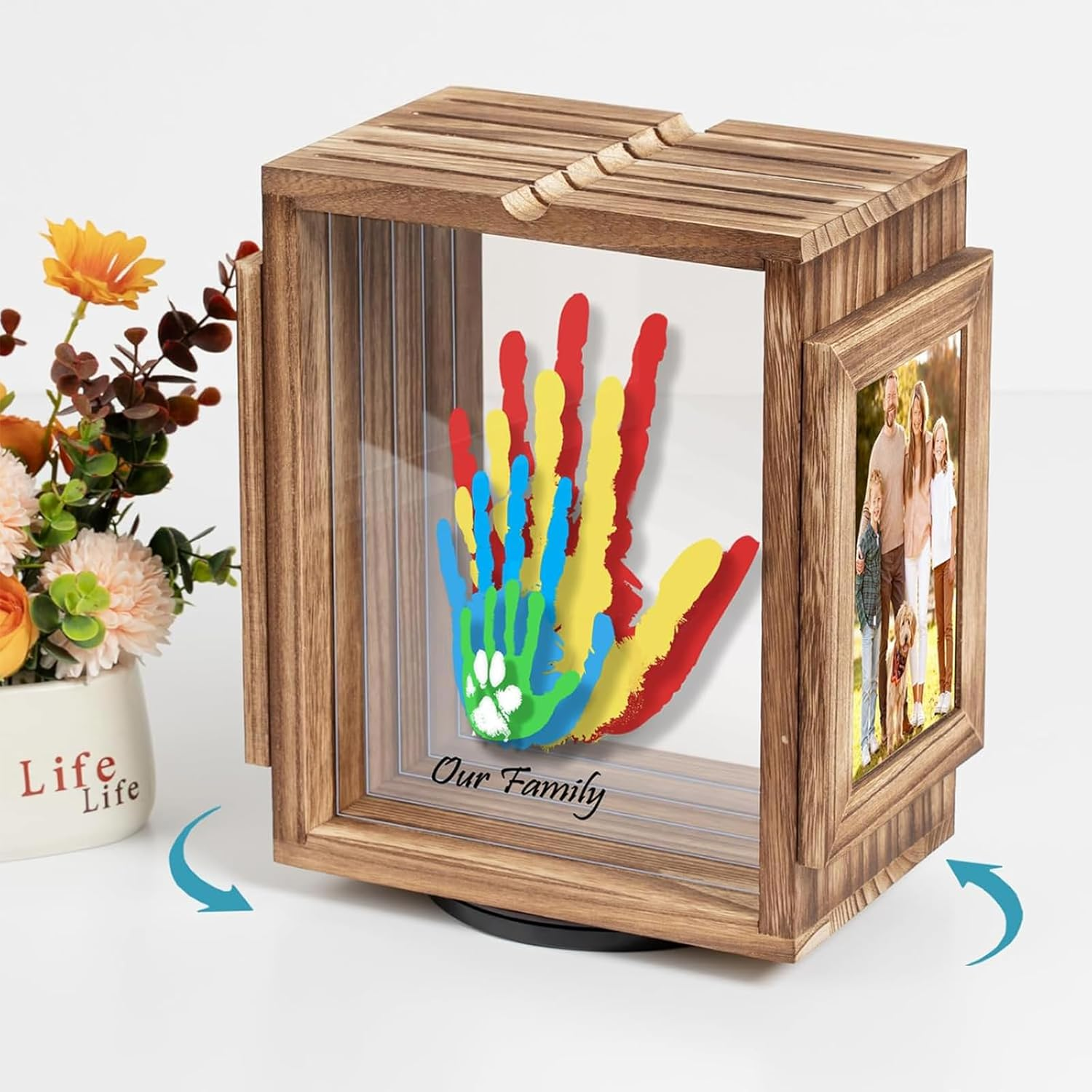 360 Rotating Family Handprint Kit, DIY Craft Keepsake for Baby Footprint Kit, Wooden Frame with 5 Paints Colors & Transparent Sheets, Gifts for Handprint Family Keepsake（Brown） image number 1