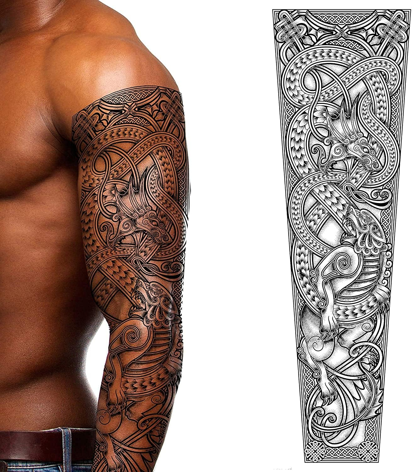 2X Dragon Temporary Tattoo Full Arm Body Art Stickers Nordic Compass Viking Celtic Tribal Middle Ages Medieval Full Adults Kids Men Women Arm Leg Sleeves Fancy Dress Cosplay image number 5