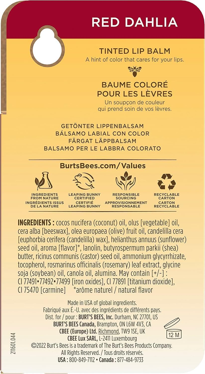 Burt'S Bees 100% Natural Origin Tinted Lip Balm, Red Dahlia with Shea Butter & Botanical Waxes, 1 Tube, 4.25G image number 1
